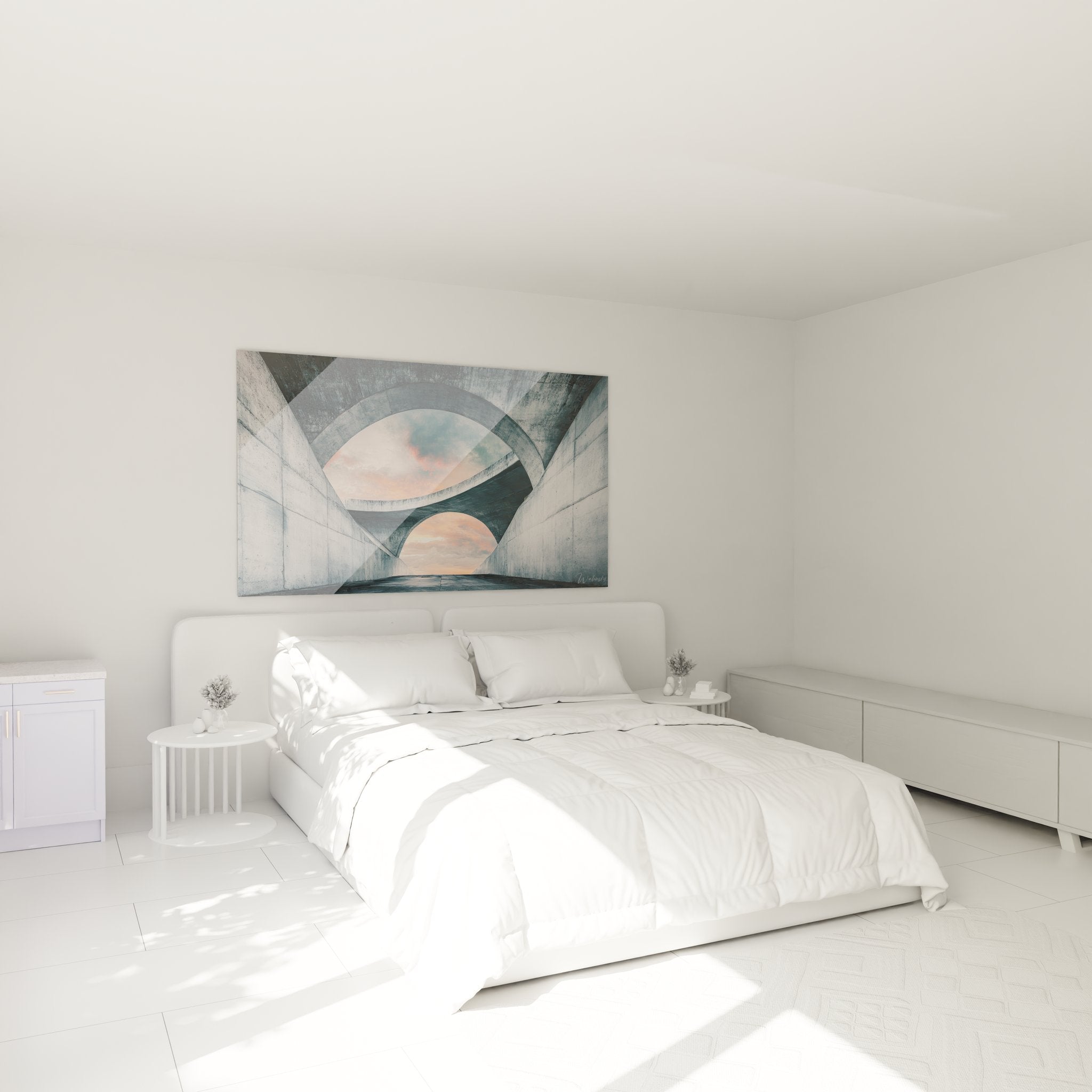 Décoration murale architecture futuriste dans chambre moderne avec structure béton et ouvertures géométriques