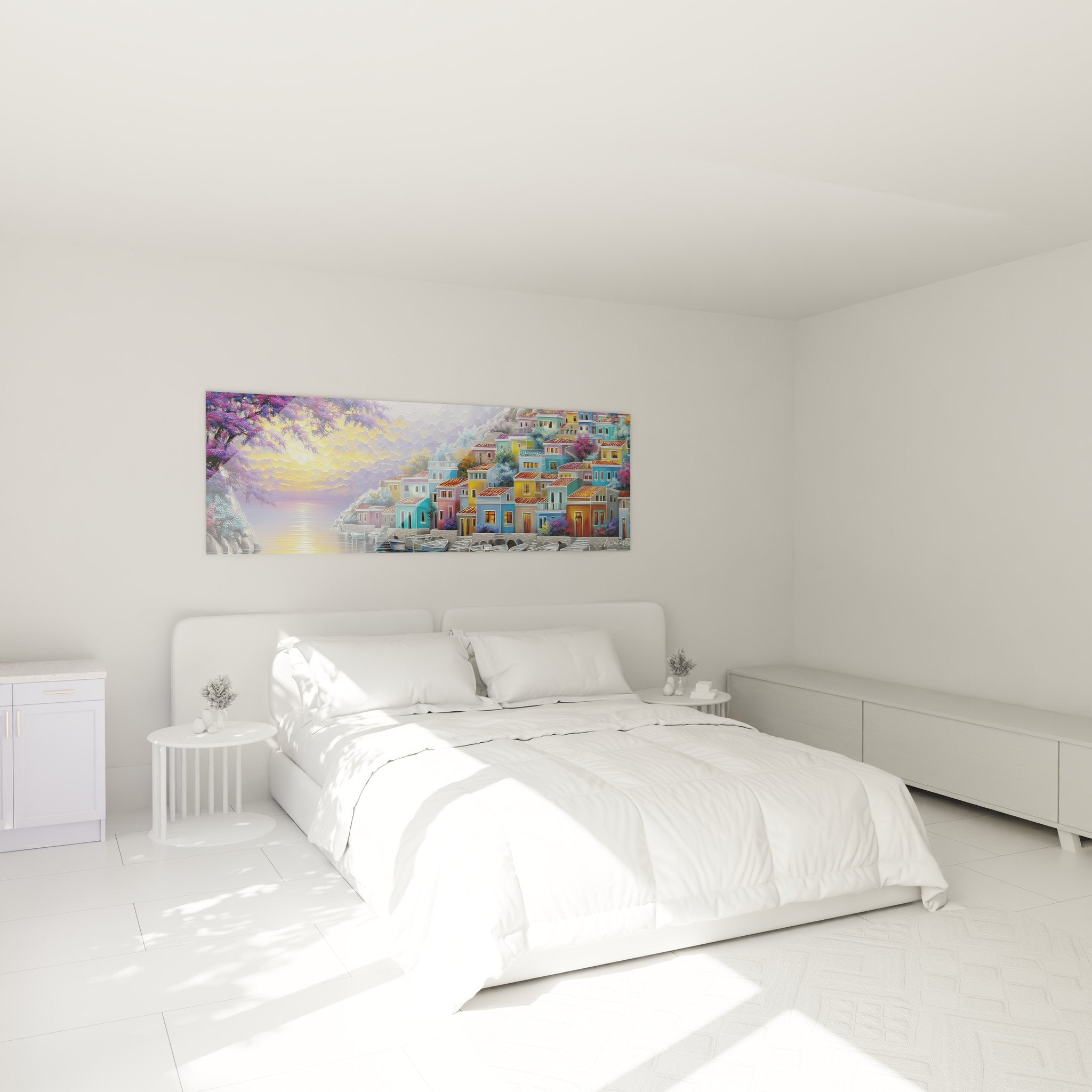 Décoration murale chambre avec tableau village méditerranéen aux couleurs vives et apaisantes