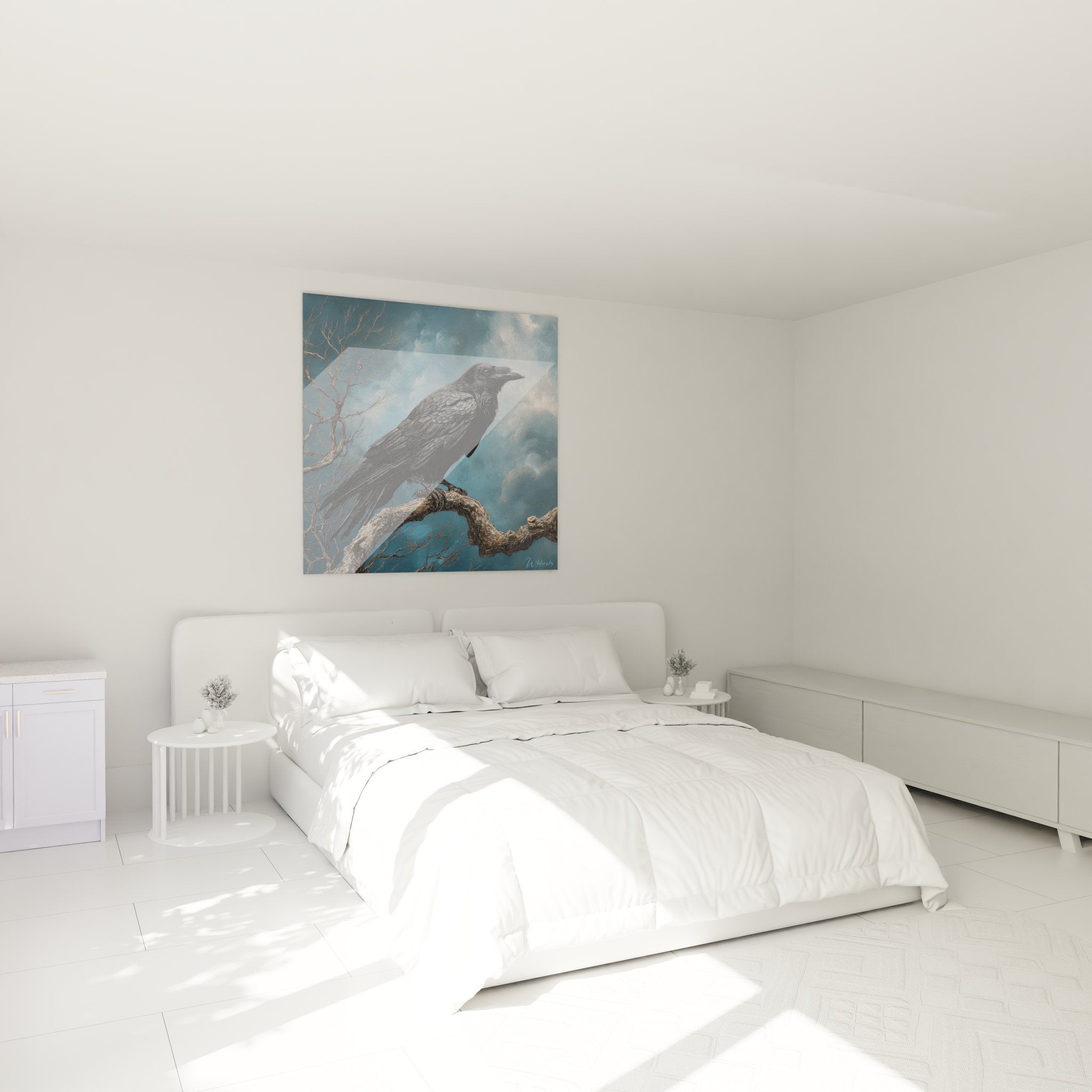 Décoration murale corbeau dans chambre moderne avec tableau oiseau noir au-dessus du lit
