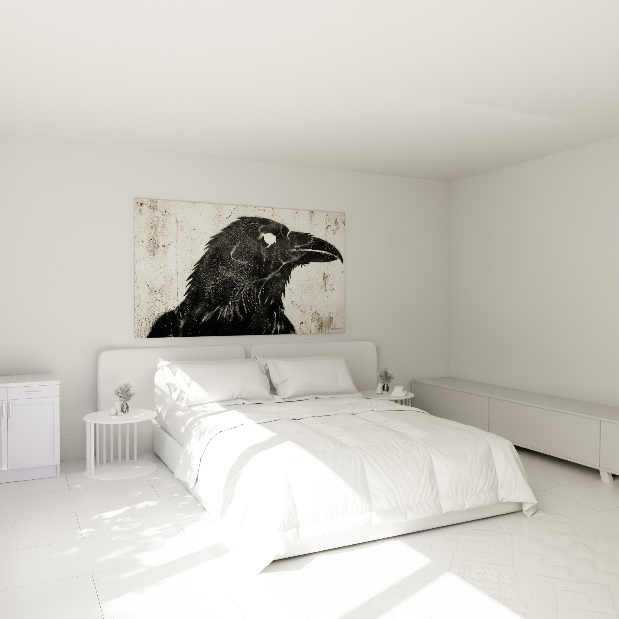 Corbeau noir artistique pochoir dans chambre moderne mur béton decoration murale contemporaine