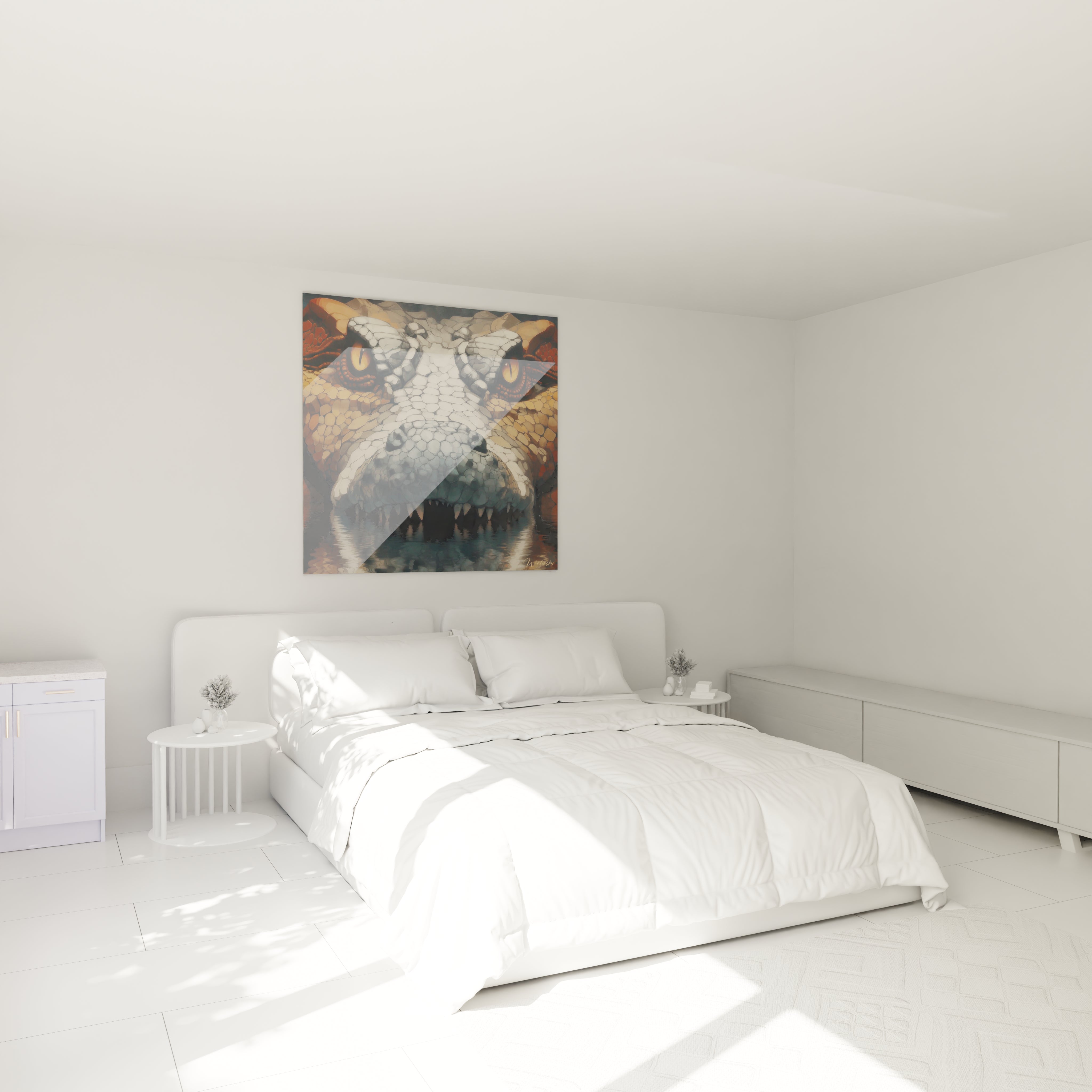 Décoration murale crocodile préhistorique dans ambiance chambre moderne et élégante