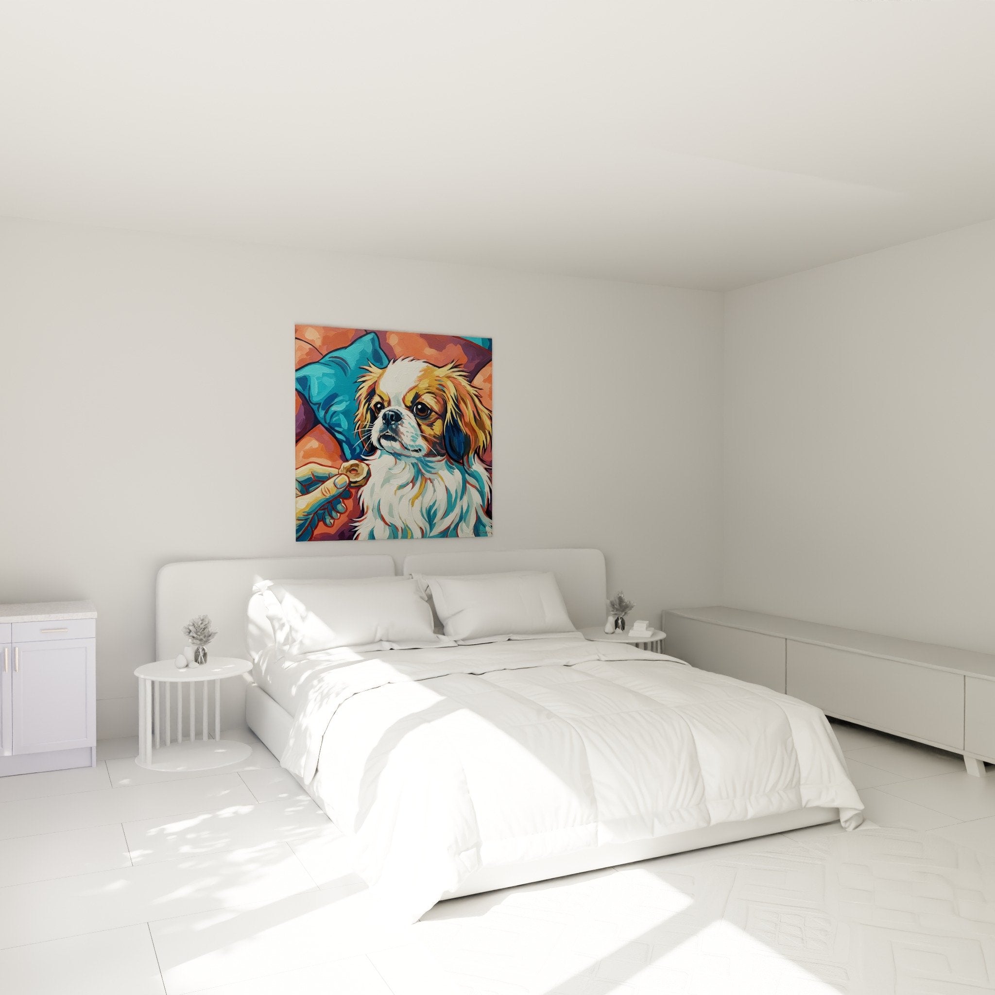 Tableau Epagneul Japonais coloré exposé dans chambre moderne avec décoration contemporaine murale