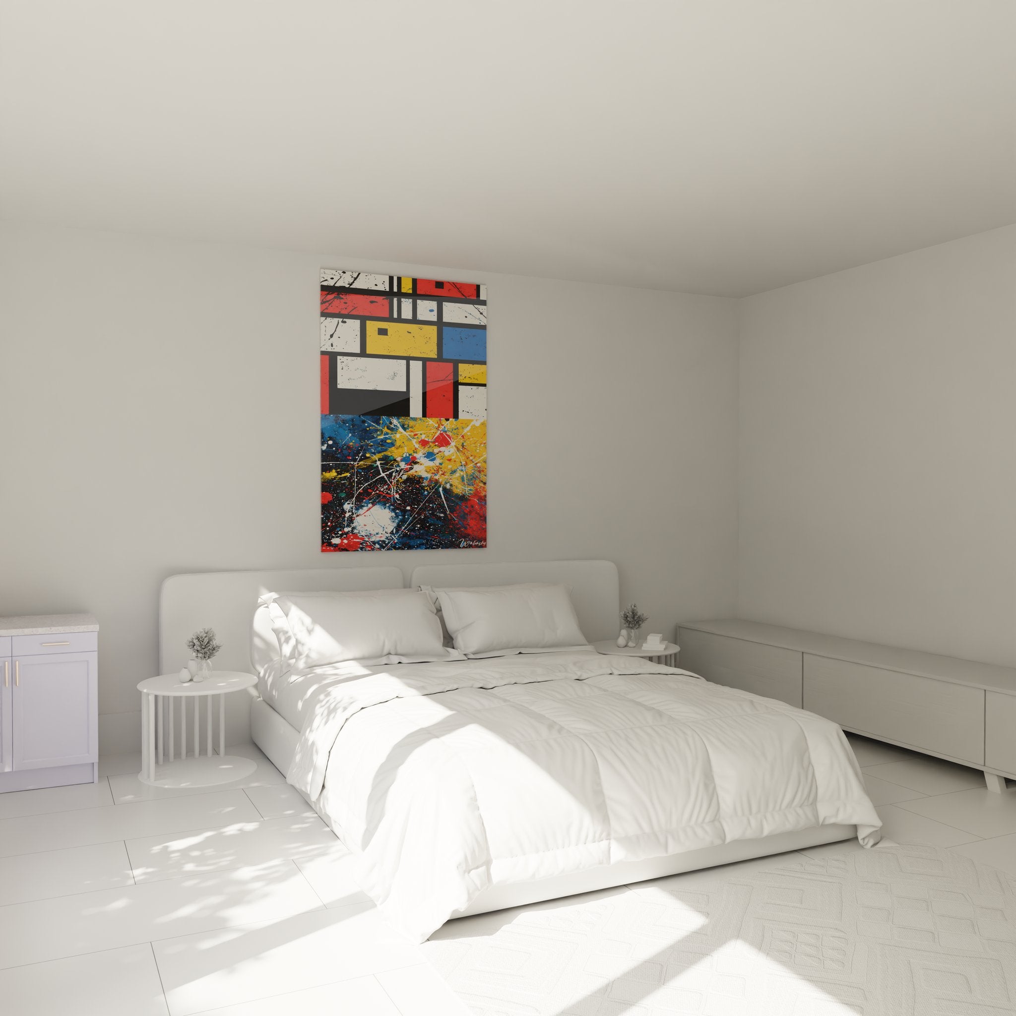 Décoration murale géométrique abstraite dans chambre moderne avec composition colorée Mondrian