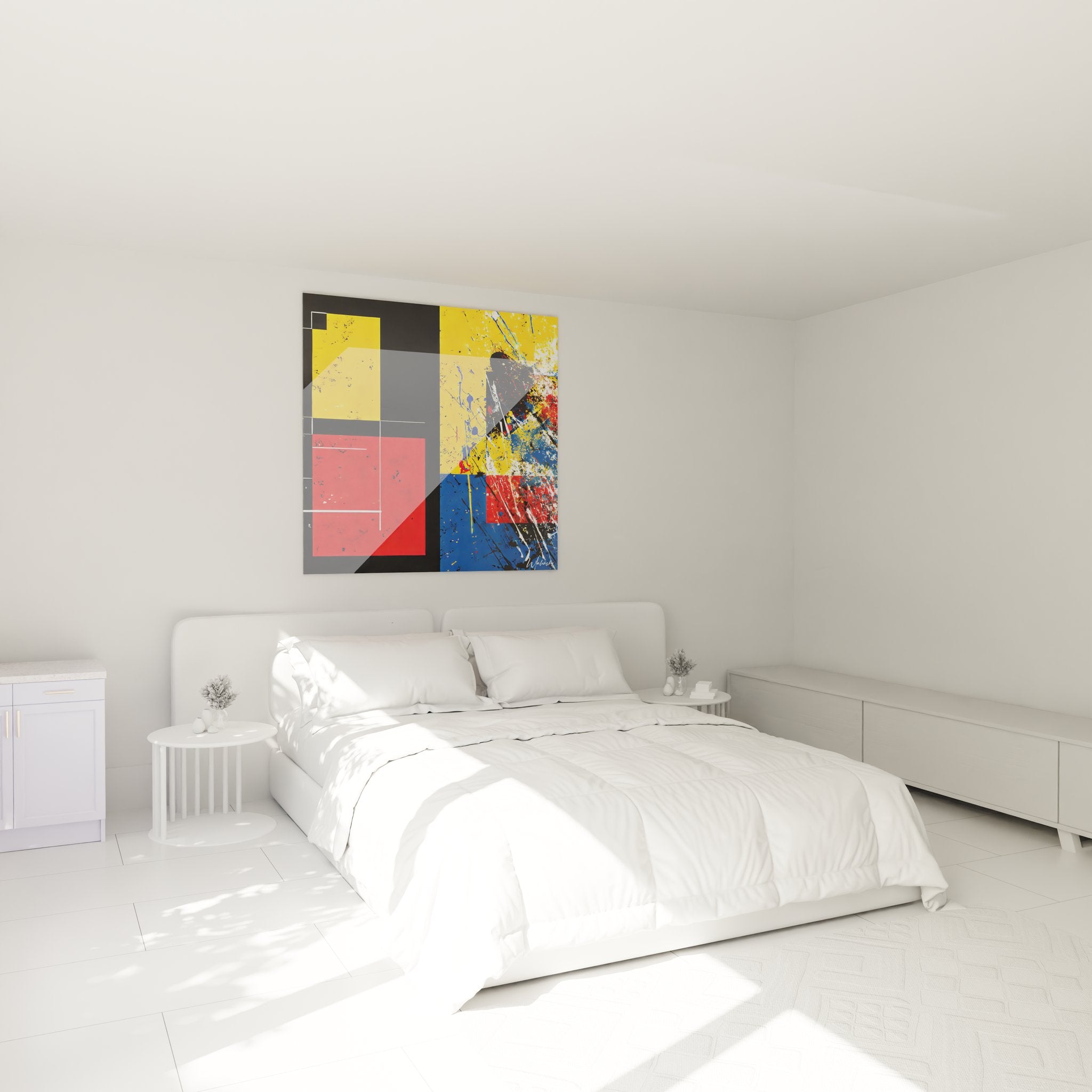 Décoration murale géométrique abstraite dans chambre moderne avec couleurs vives primaires