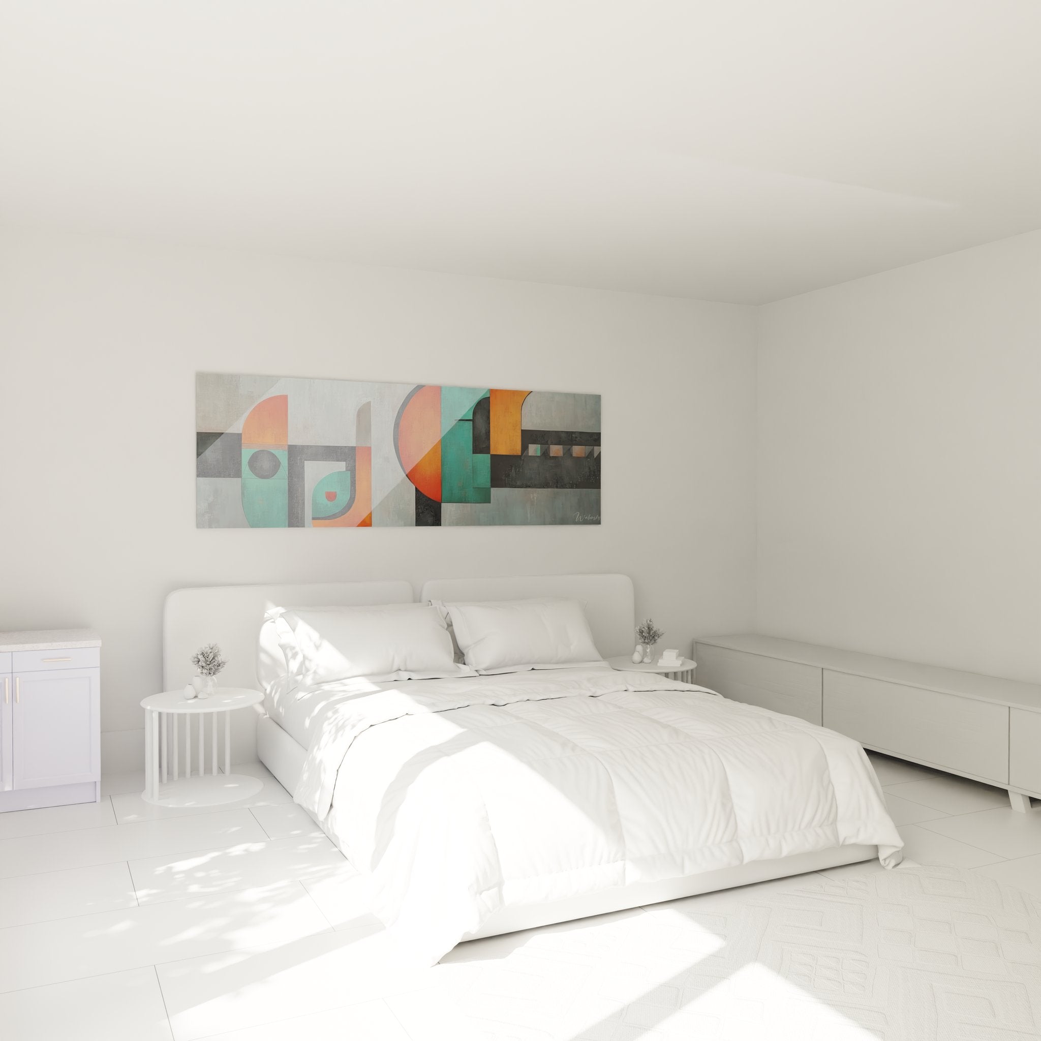 Décoration murale géométrique abstraite dans chambre moderne style contemporain