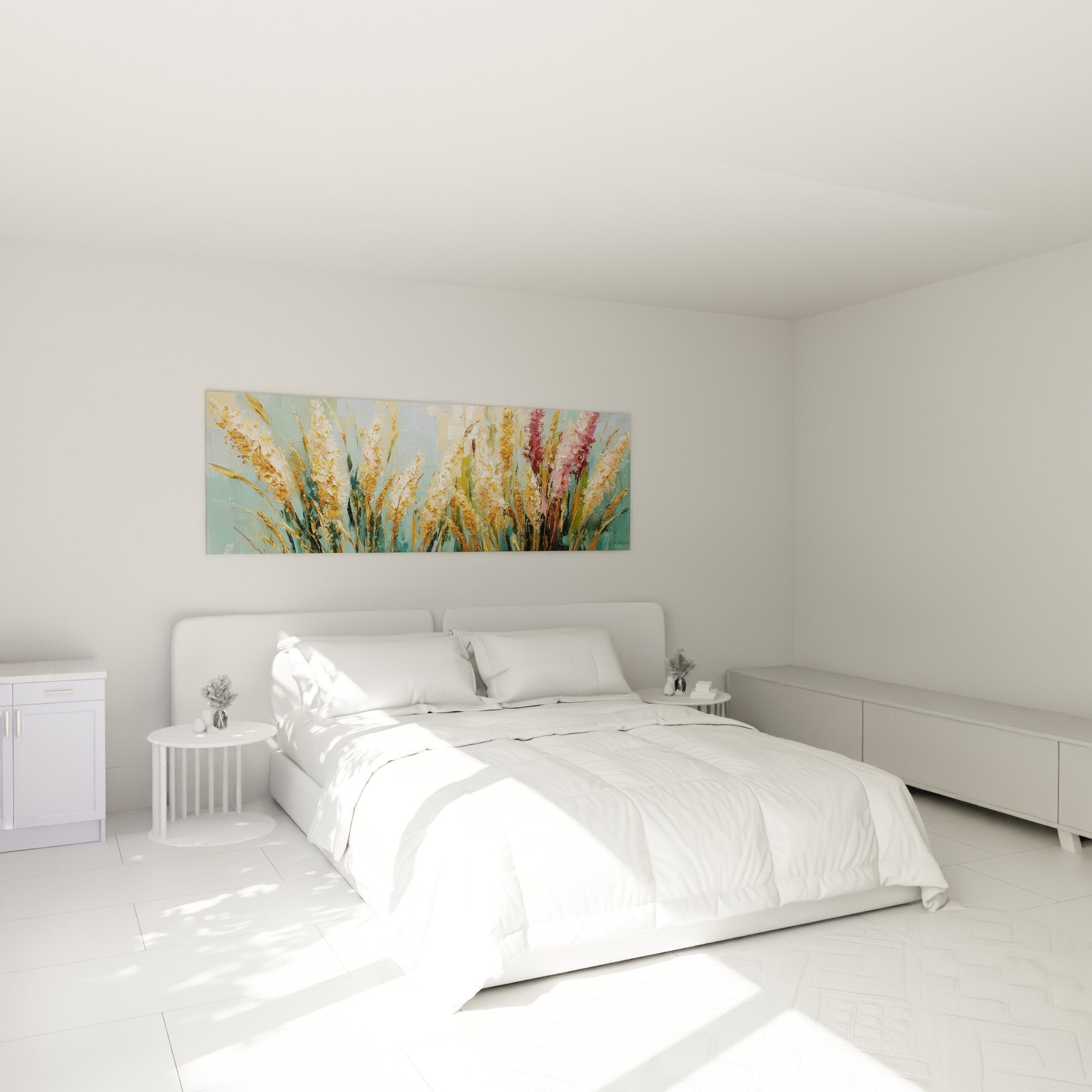 Décoration murale graminées dorées dans chambre moderne, ambiance naturelle et apaisante