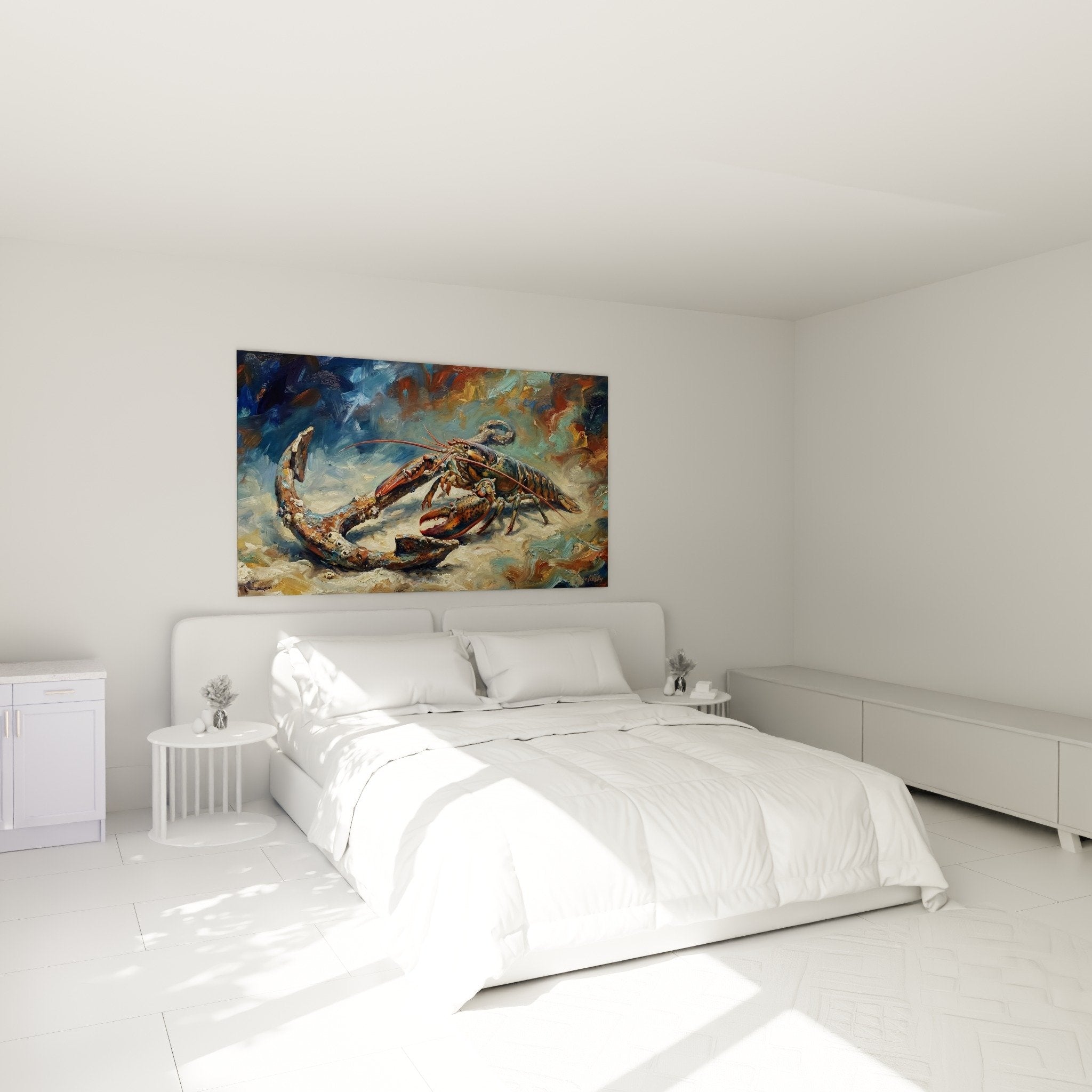 Buntes Hummergemälde, das ein modernes Schlafzimmer mit neutralen Tönen und zeitgenössischen Möbeln dekoriert