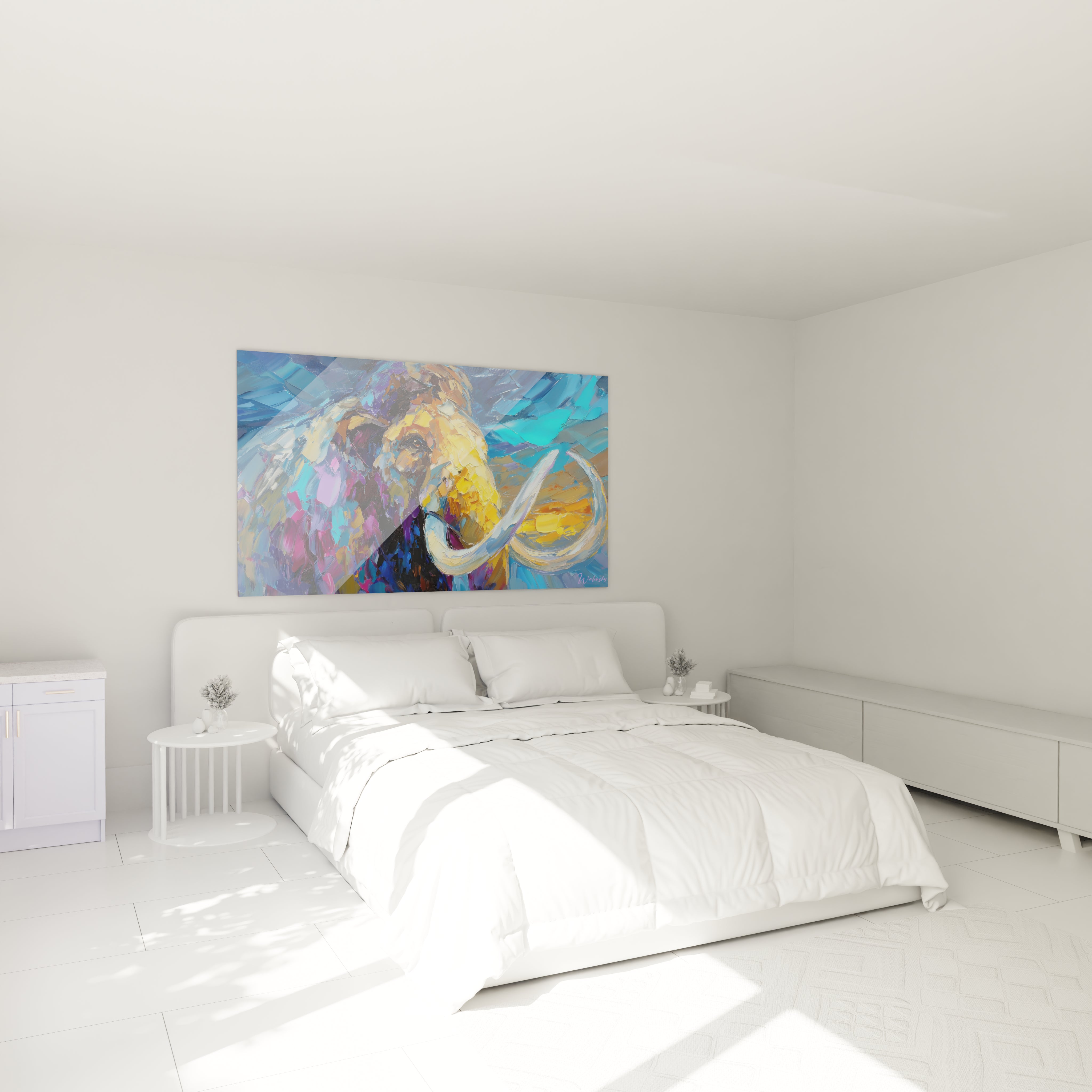 Décoration murale mammouth laineux artistique dans ambiance chambre moderne