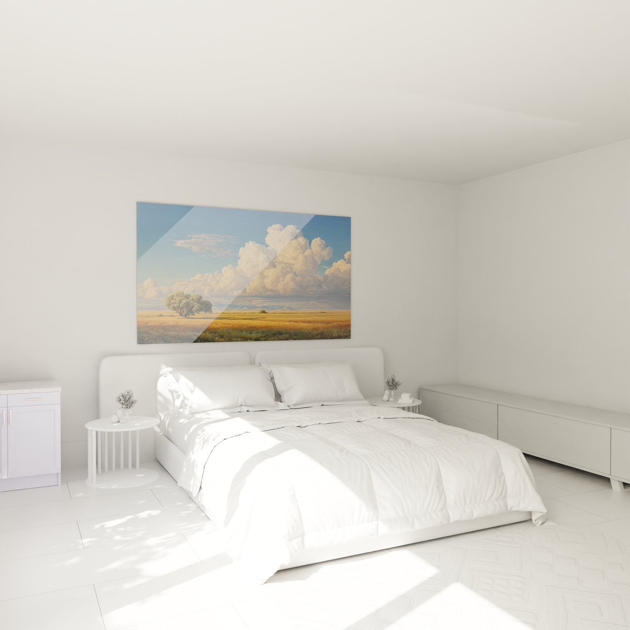 Décoration murale paysage campagne dans chambre avec prairie dorée et ciel nuageux