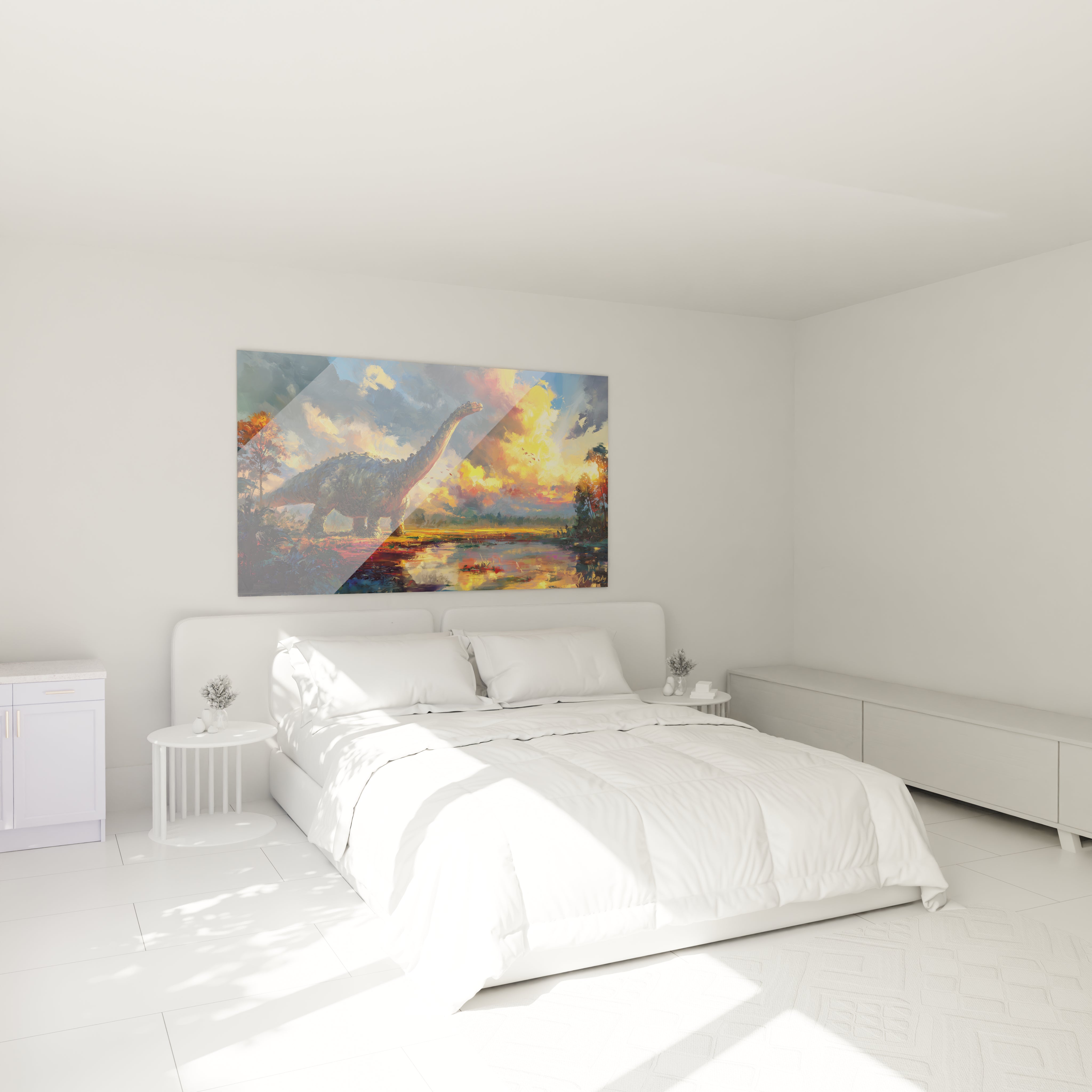 Décoration murale dinosaure sauropode dans chambre moderne, art préhistorique pour intérieur contemporain