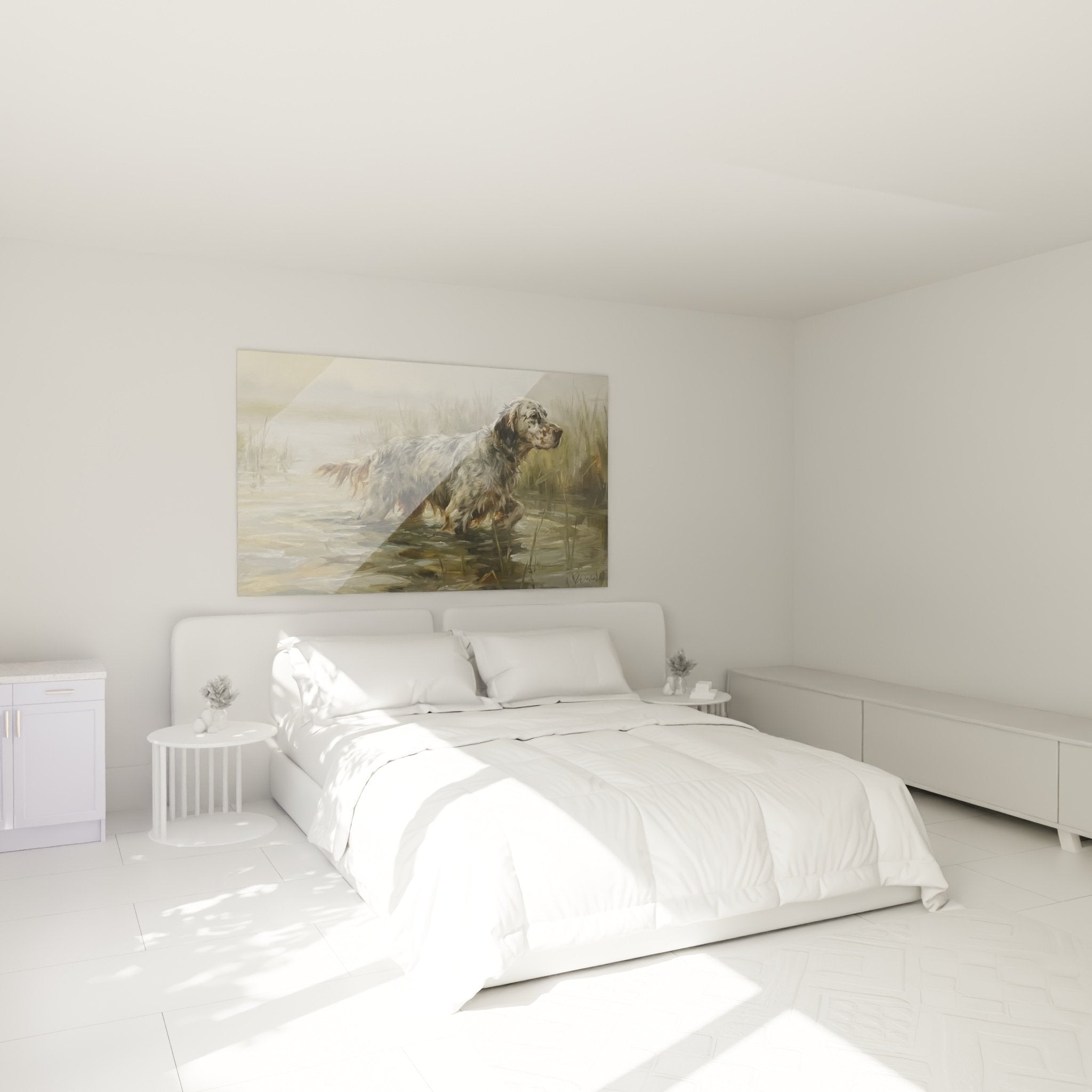 Tableau chien marais brumeux dans chambre moderne, setter anglais art mural decoration murale nature apaisante