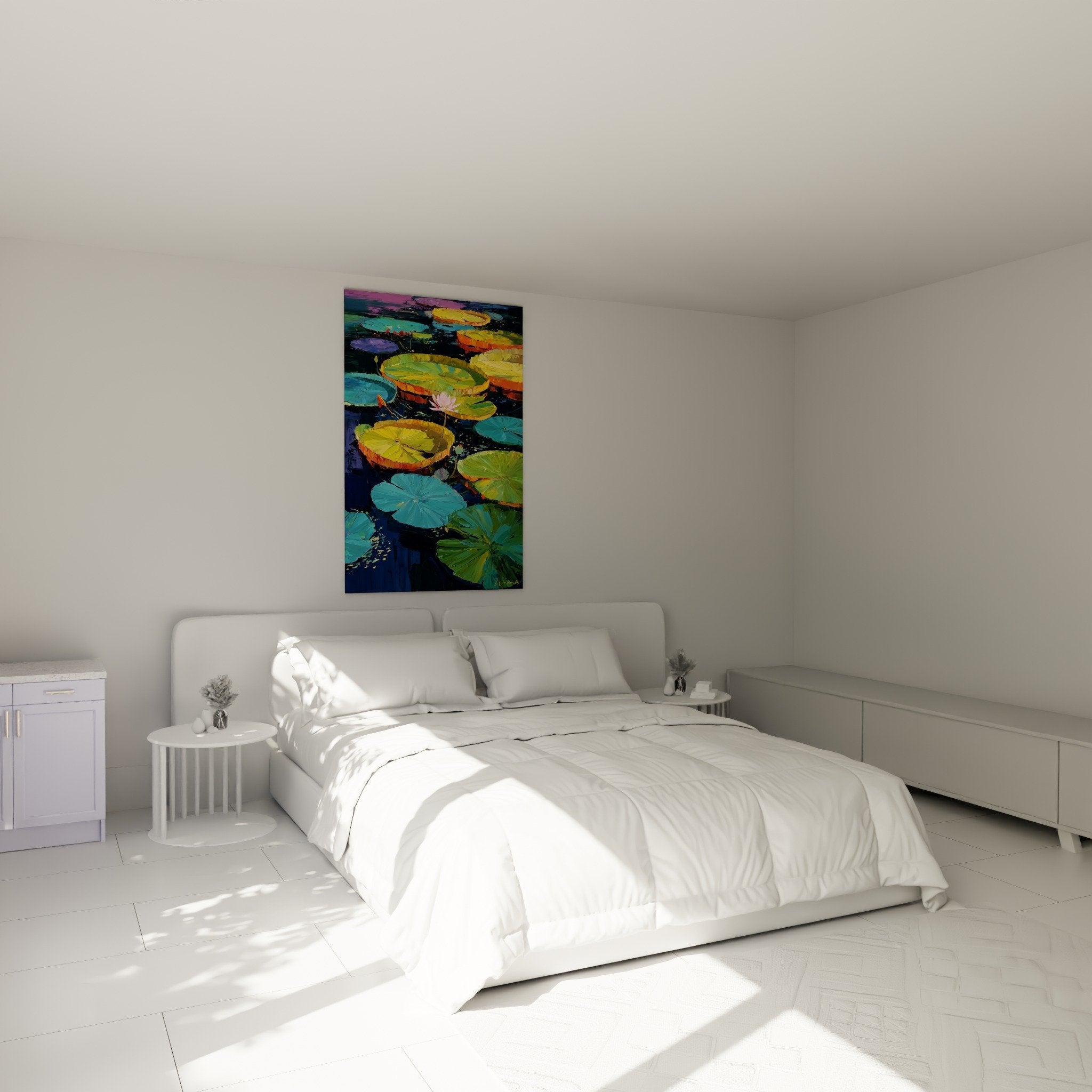wall decoration water lily bedroom zen relaxing ambiance vibrant colors floating leaves artistic painting