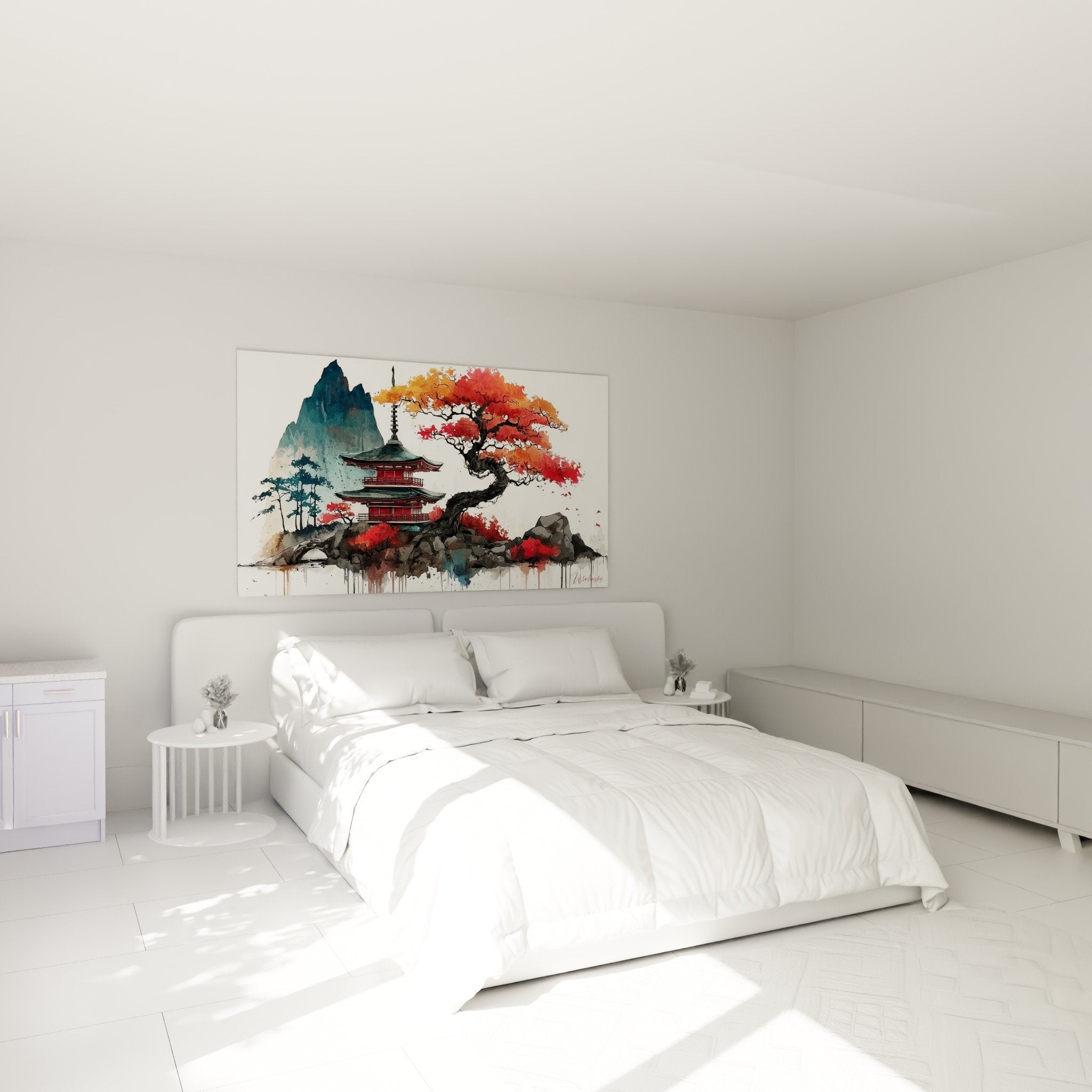 decoration murale pagode asiatique avec couleurs chaudes orange rouge dans chambre moderne zen