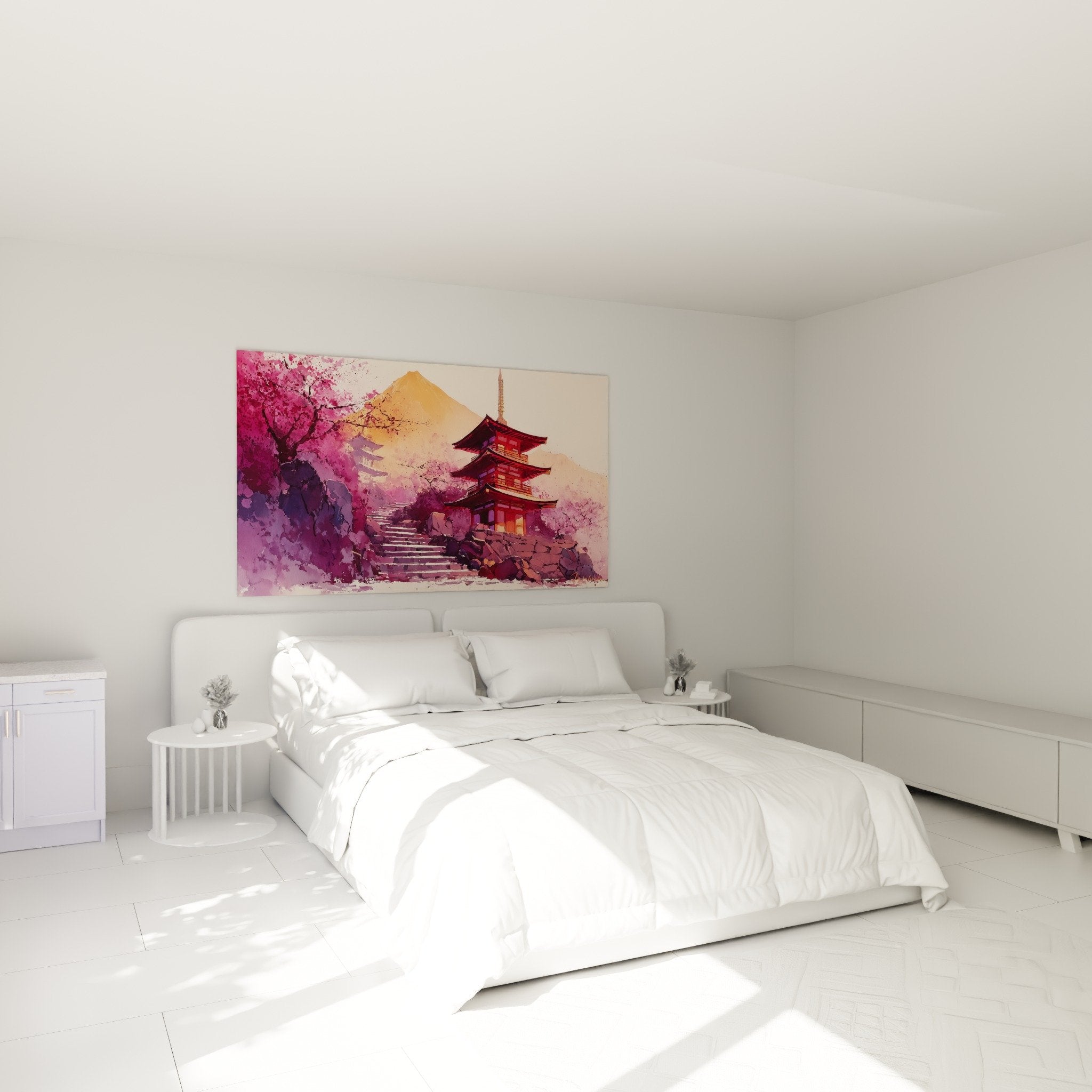 Red pagoda wall decoration cherry blossoms pink flowers bedroom Japanese zen atmosphere