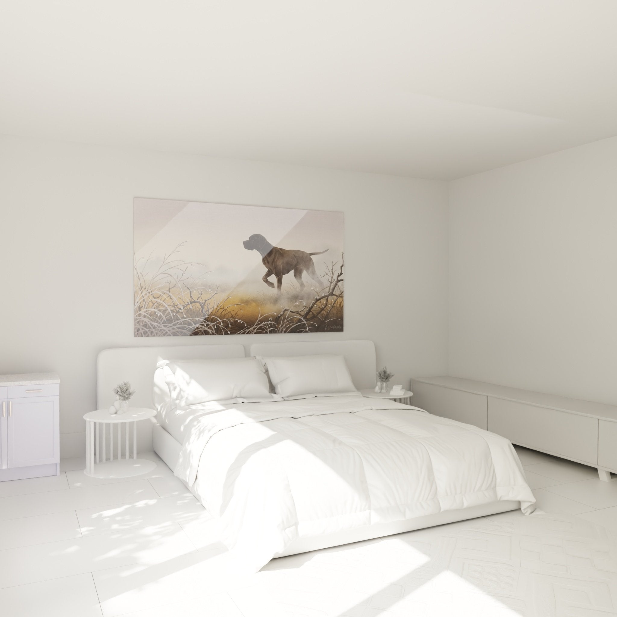 Décoration murale pointer anglais brume dorée ambiance chasse dans chambre style campagne