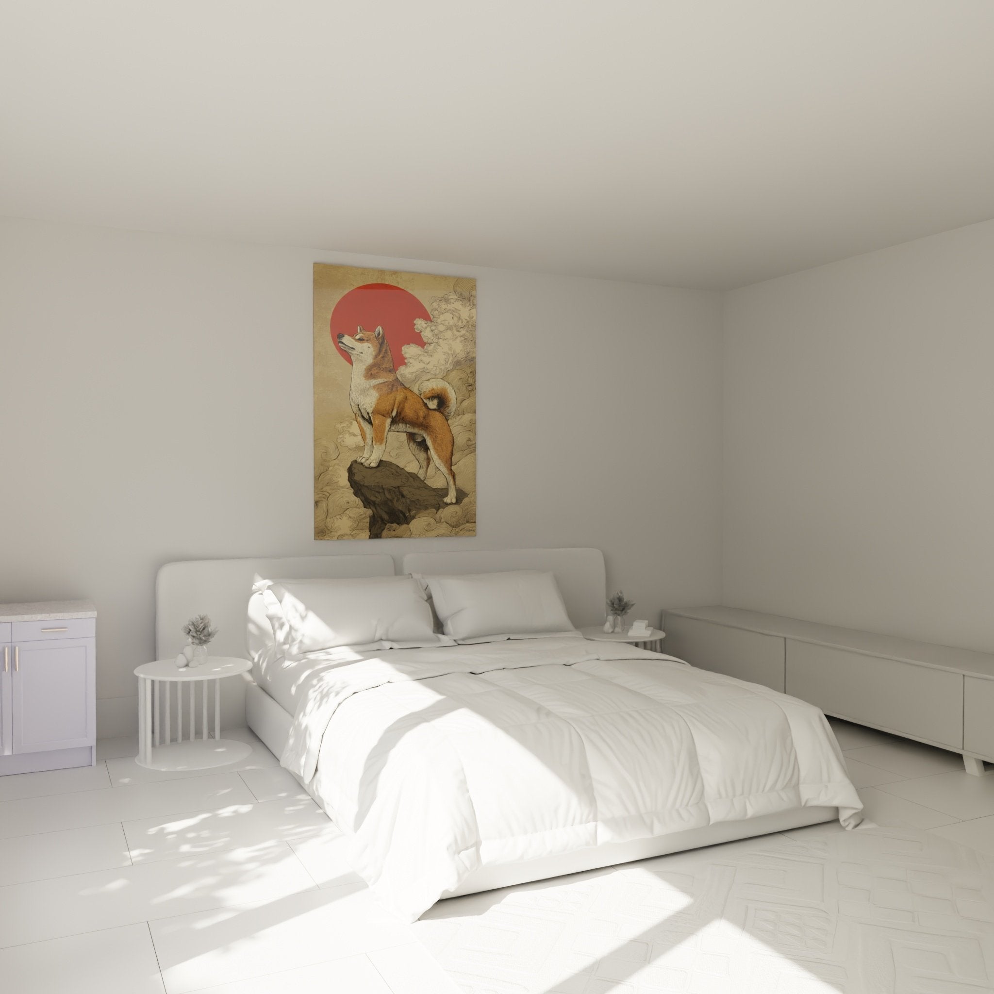 Décoration murale Shiba Inu soleil rouge dans chambre zen ambiance japonaise
