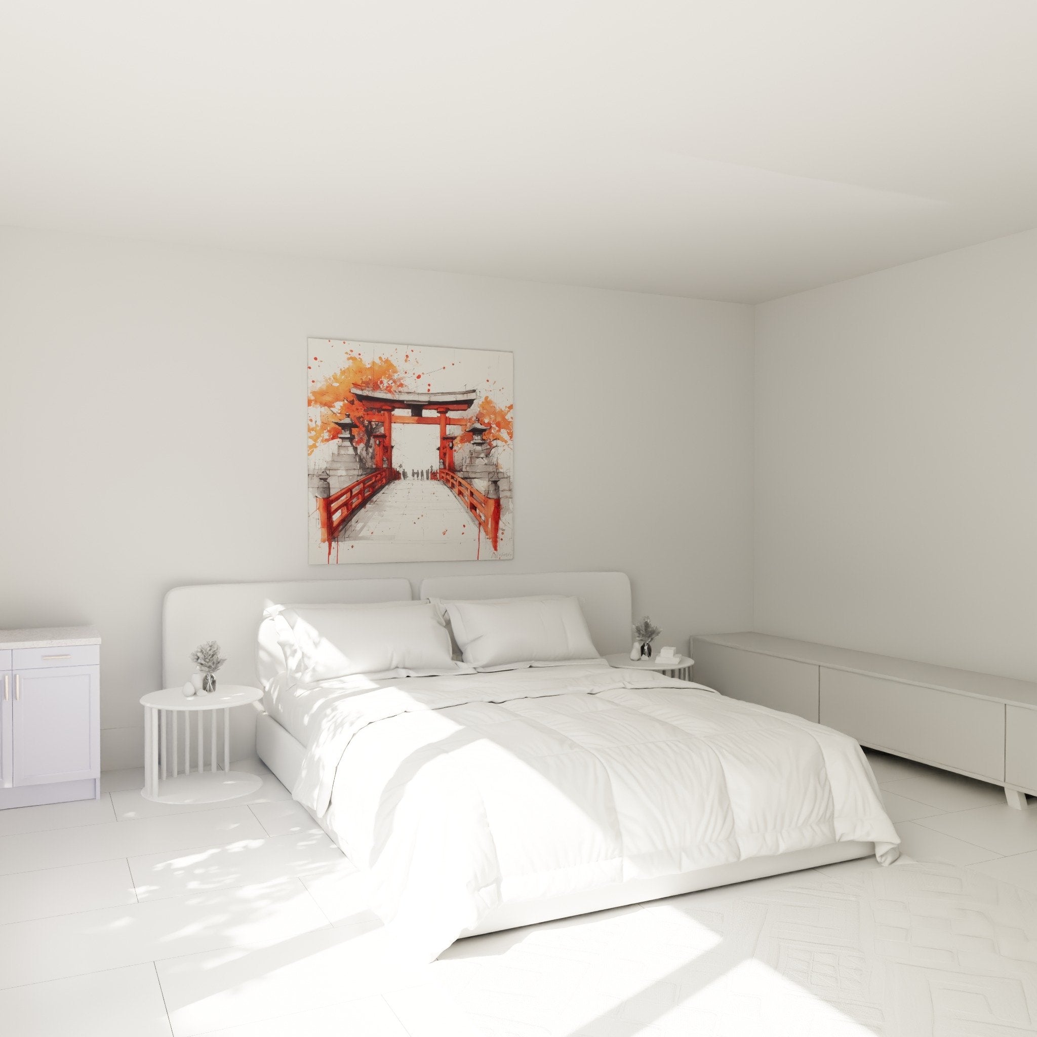 Decoration murale torii vermillon chambre ambiance zen japonaise tableau aquarelle orange