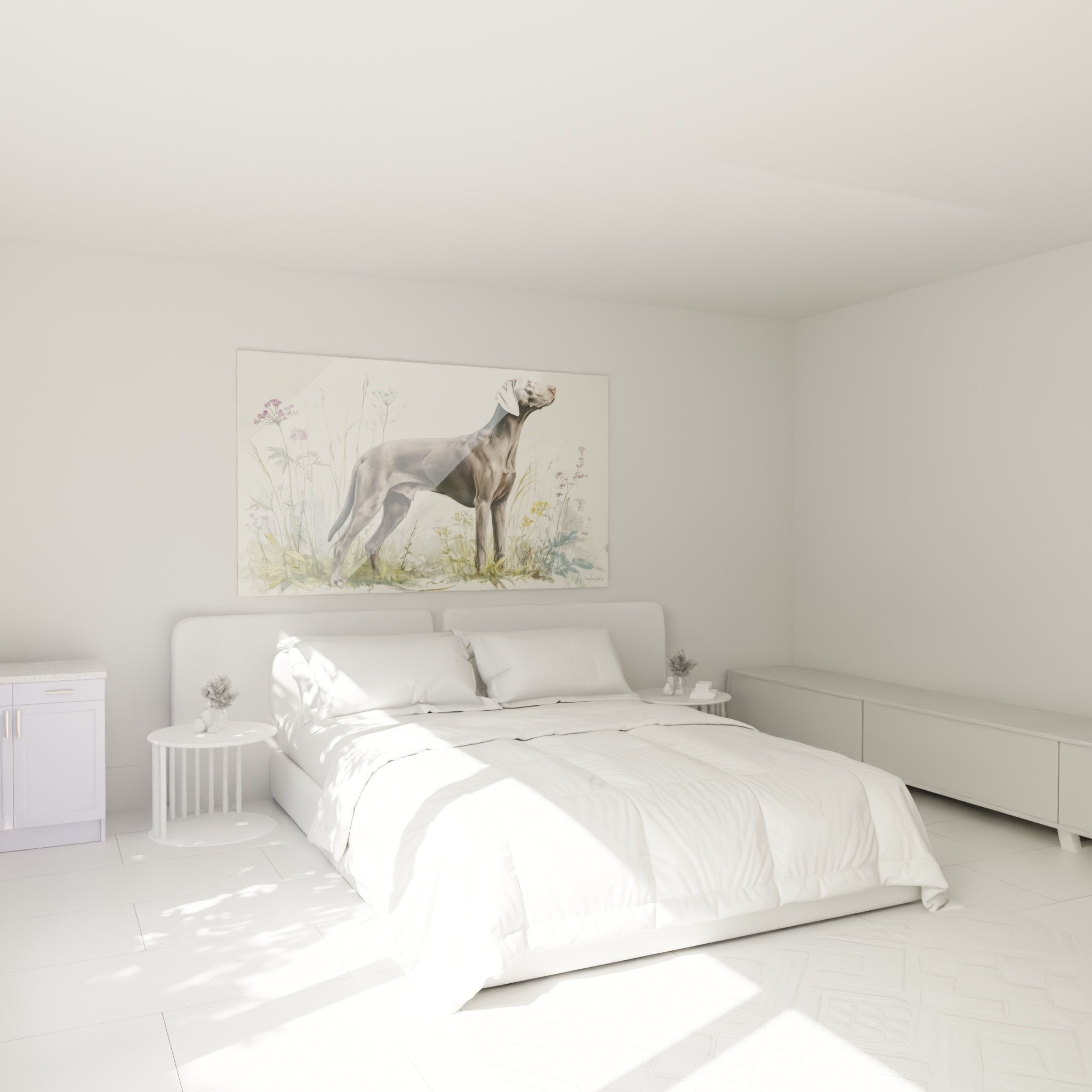 Decoration murale Weimaraner chambre ambiance douce pastel chien gris fleurs sauvages