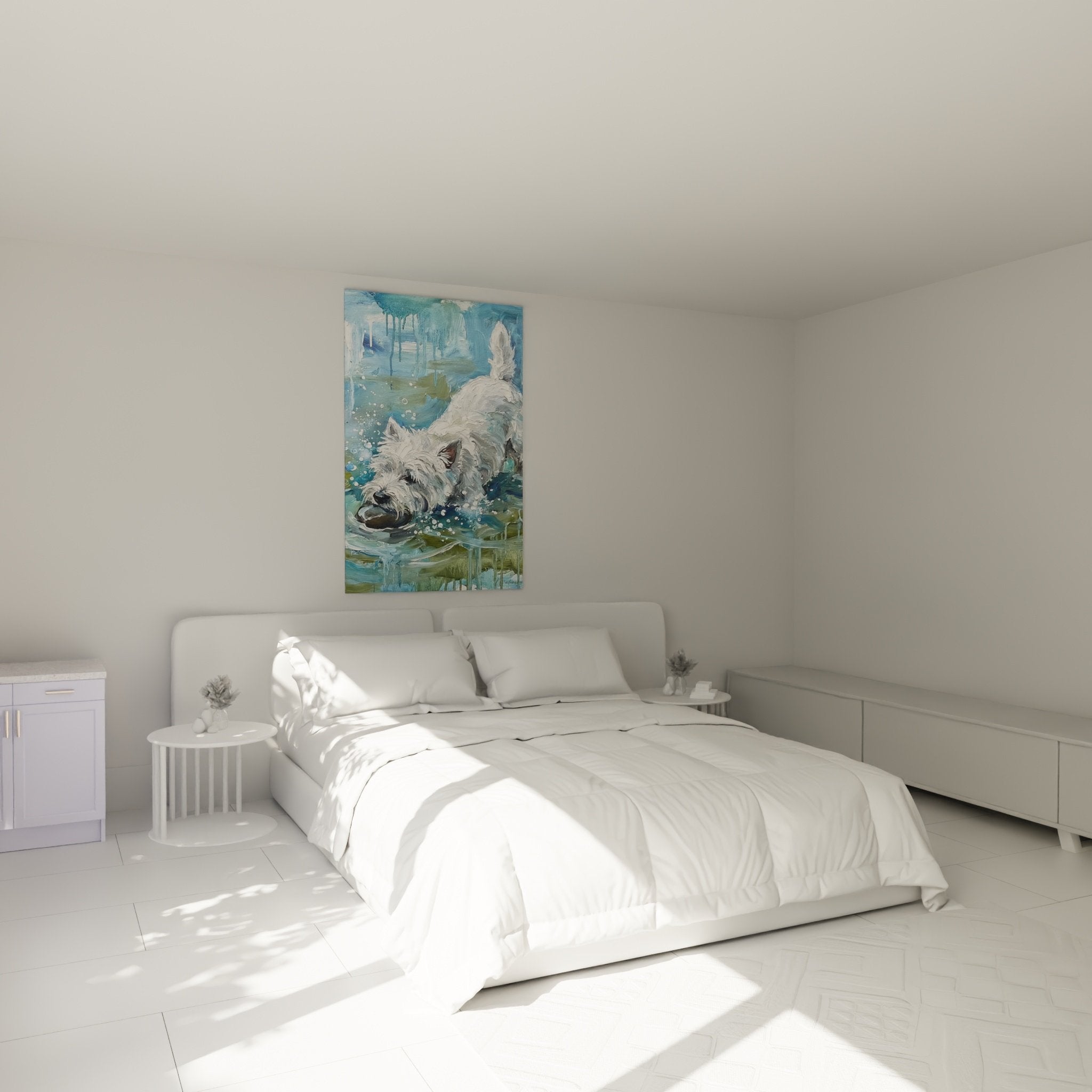 Decoration murale West Highland White Terrier aquatique dans chambre moderne aux tons apaisants
