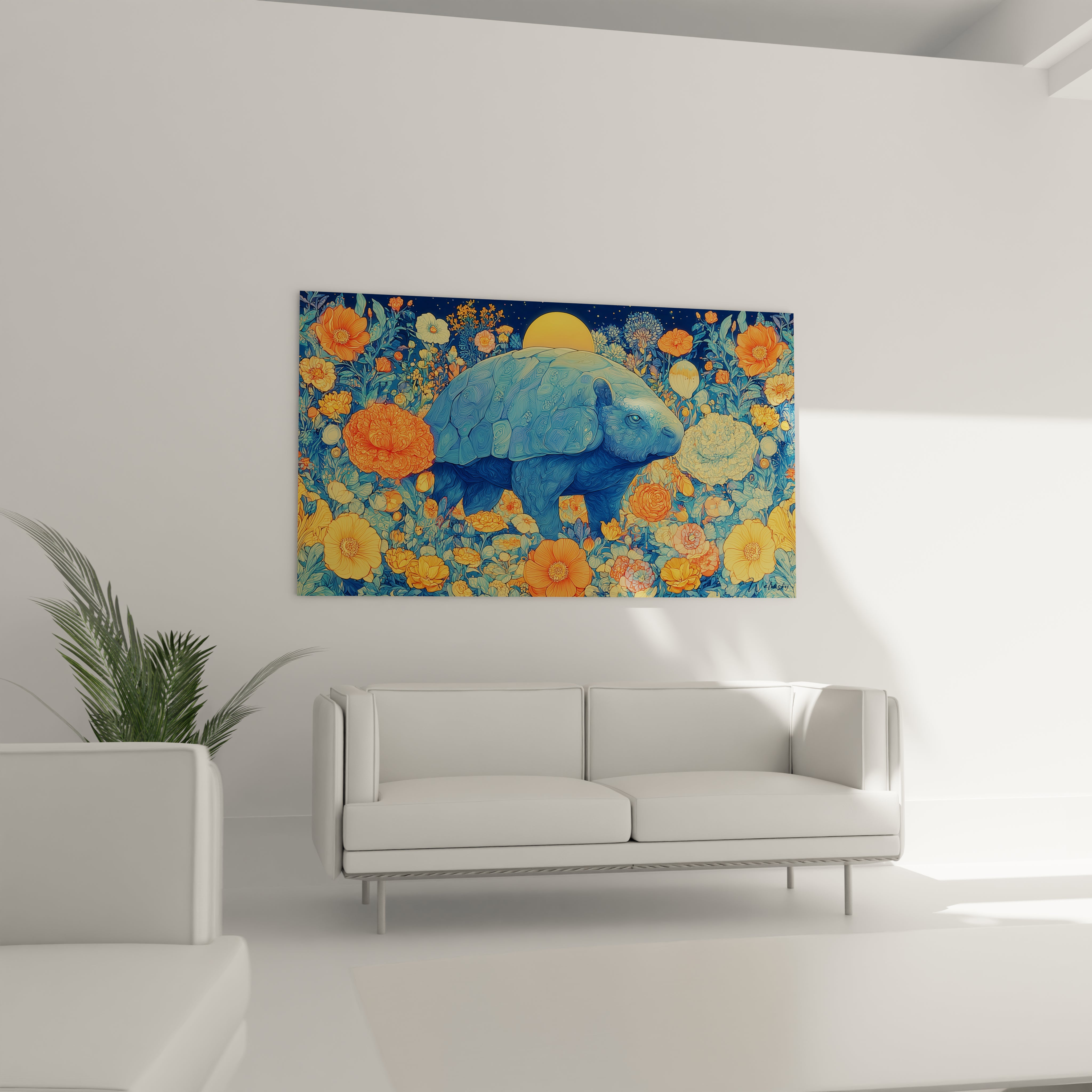 Gros plan détails tableau Glyptodon fleurs roses pivoines oranges art décoratif Glyptodon qualité