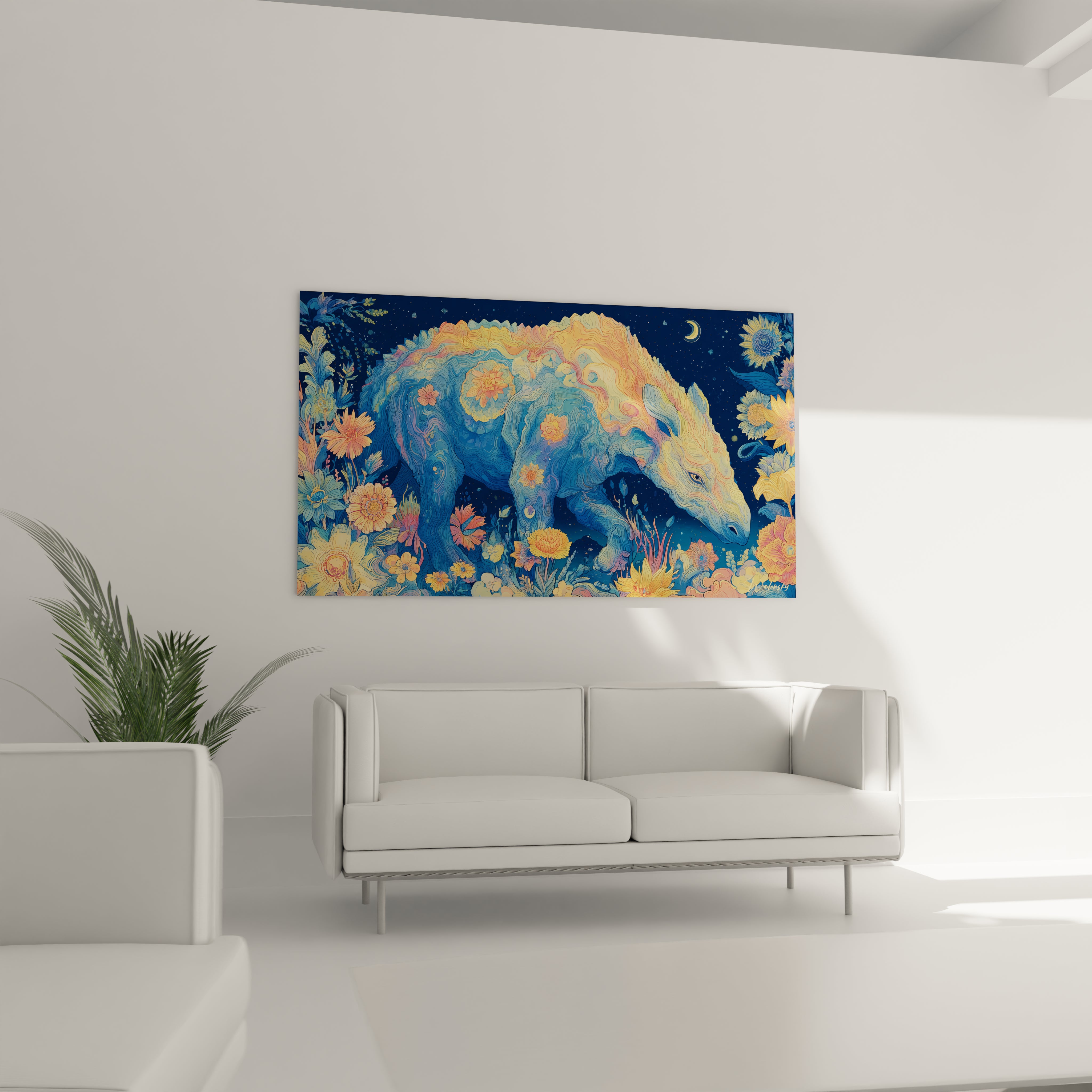 Gros plan détails tableau Indricotherium fantastique motifs floraux colorés art mural décoratif édition Indricotherium