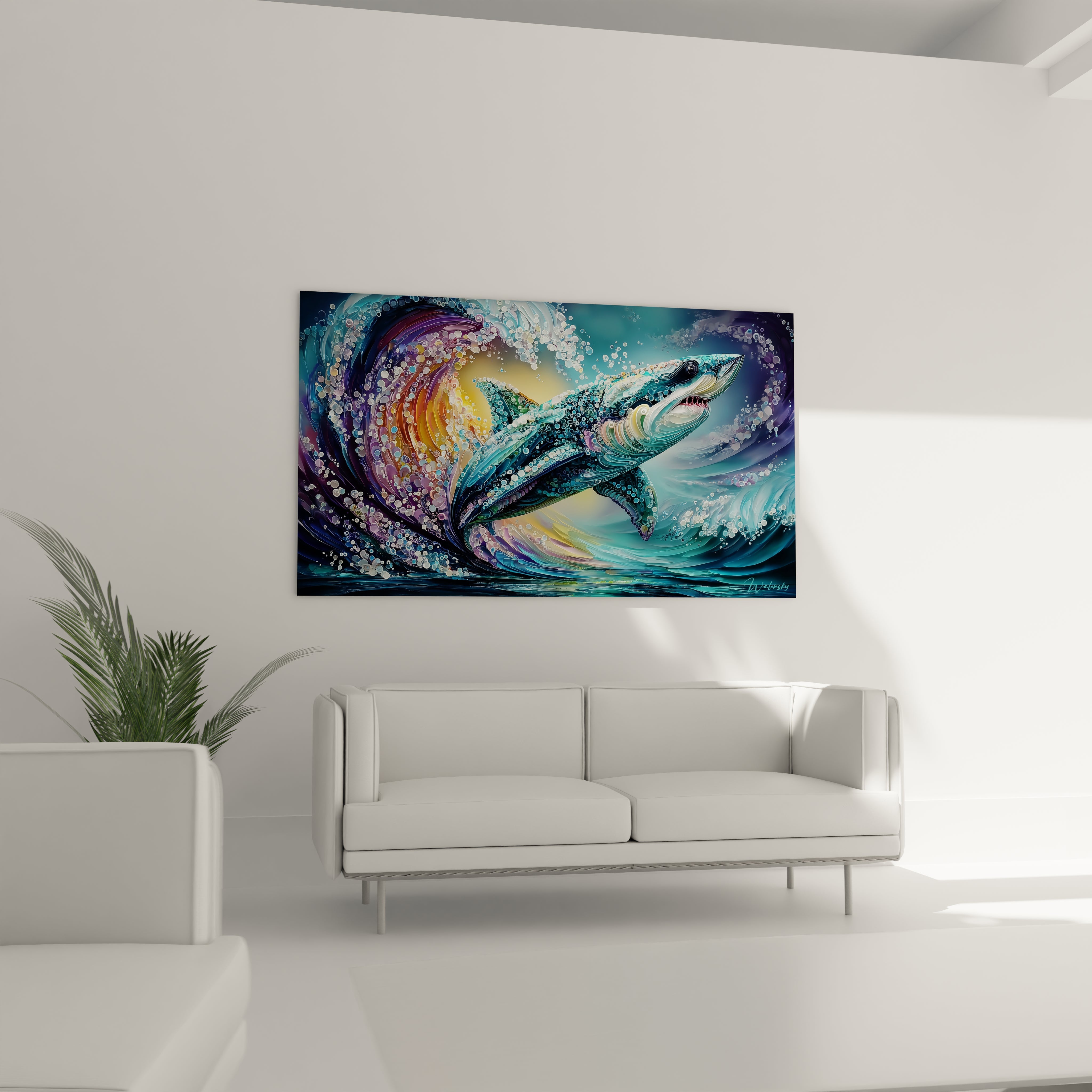 Détail gros plan Mégalodon artistique, texture et couleurs océaniques du tableau mural