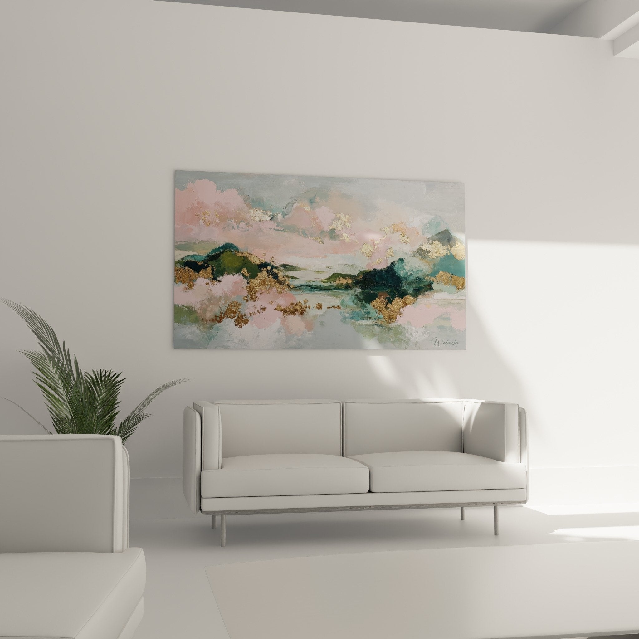 Abstract painting detail pink turquoise shades golden accents fluid texture