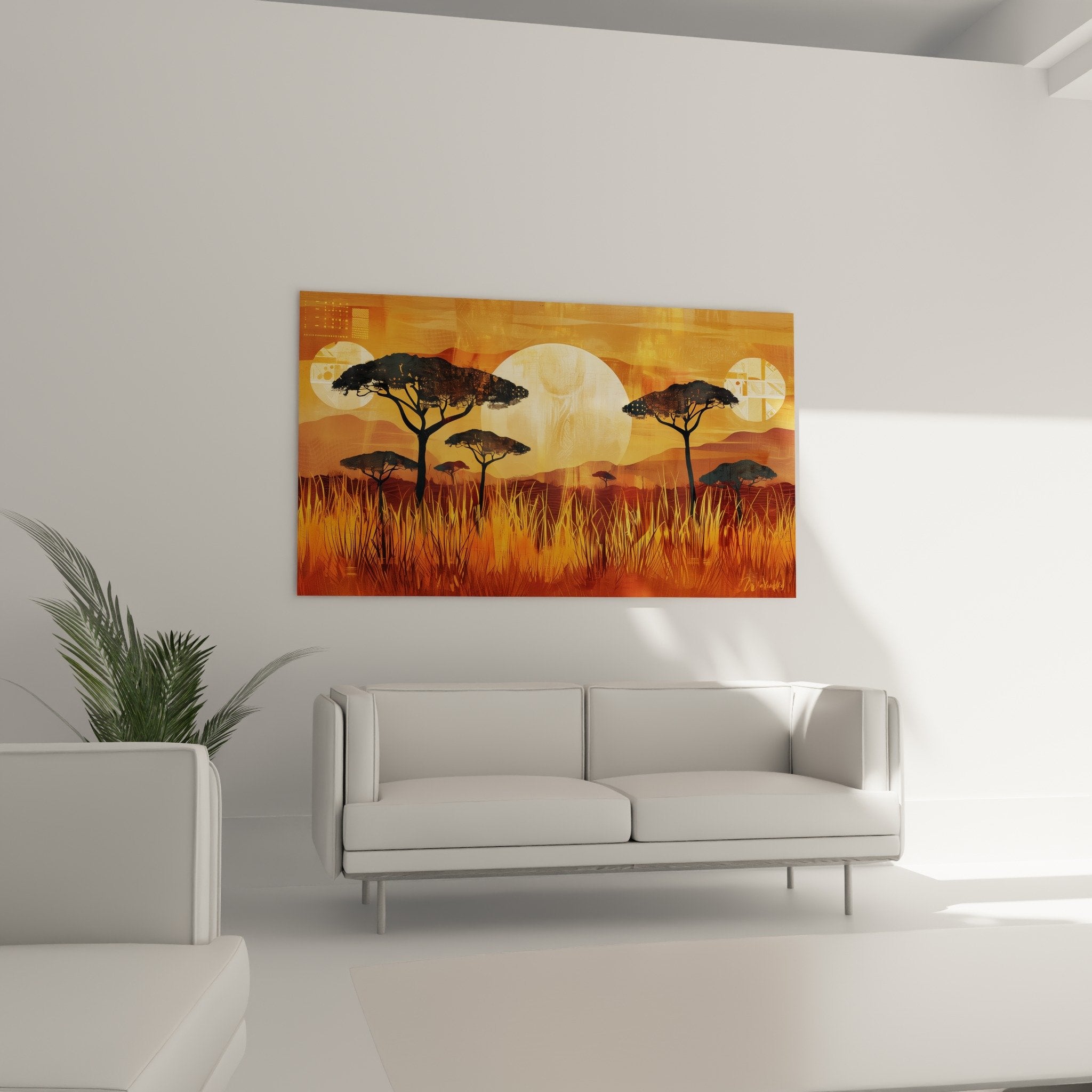 Détail acacias savane dorée motifs géométriques cercles translucides art africain moderne