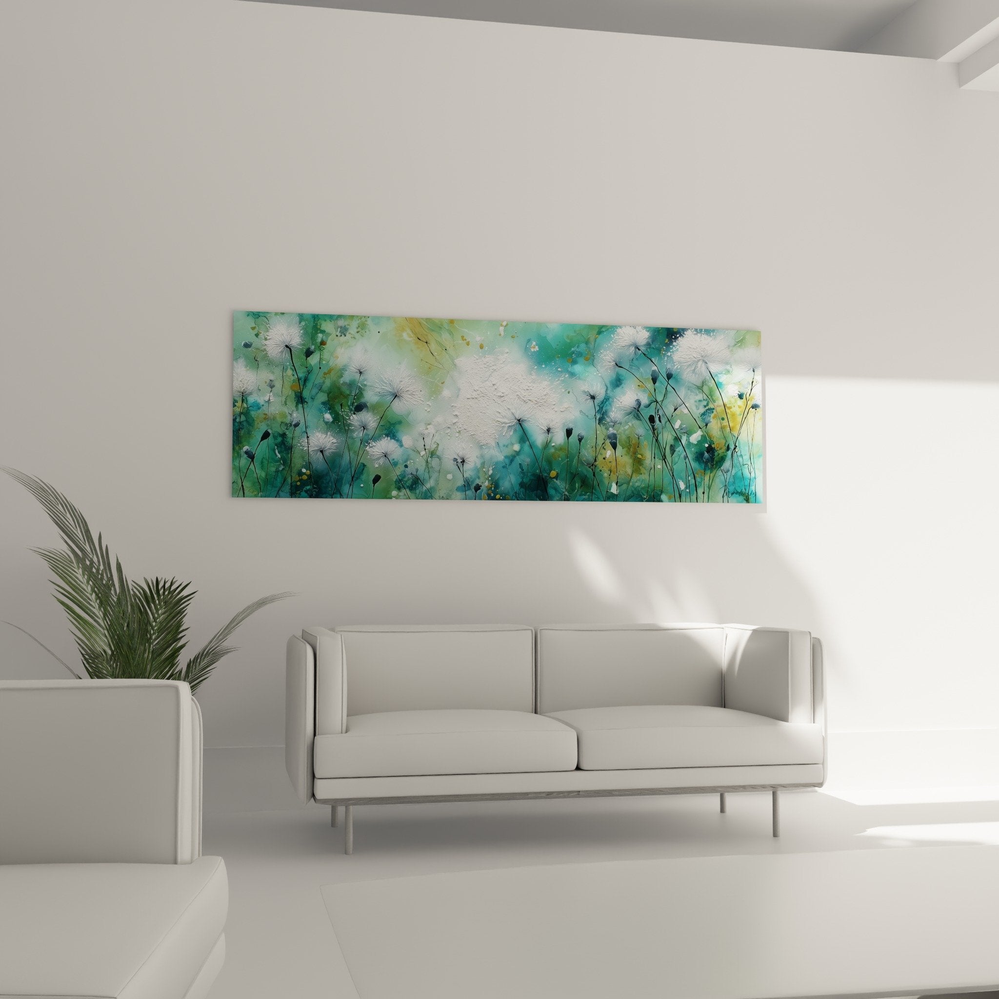 Détail aigrettes blanches graminées texture peinture fond turquoise aquarelle contemporaine