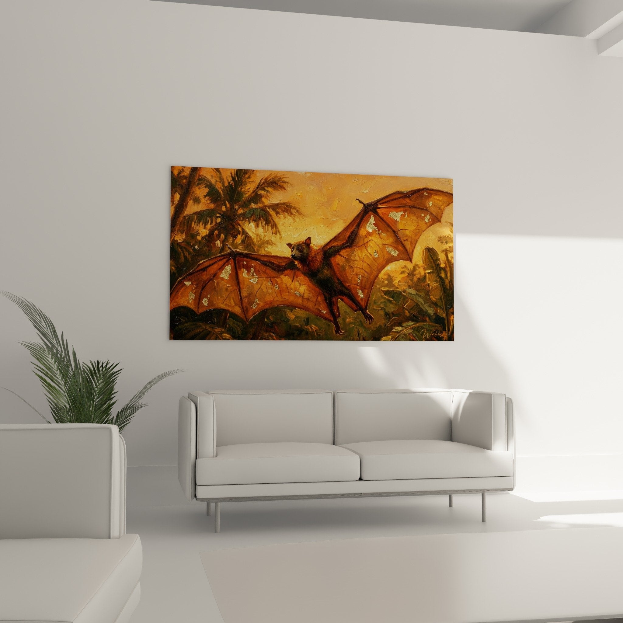 Nahaufnahme von Fledermausflügeln mit goldenem Glanz und sichtbarer Malstruktur auf Leinwand