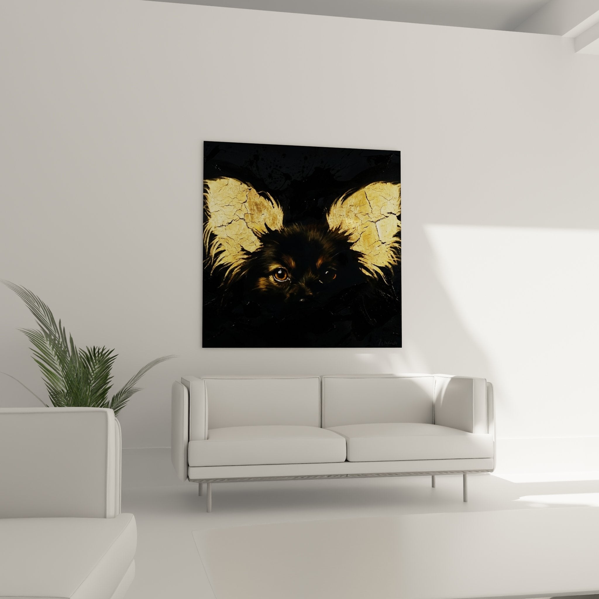 detail ailes dorees craquelees chien papillon technique feuille or artistique