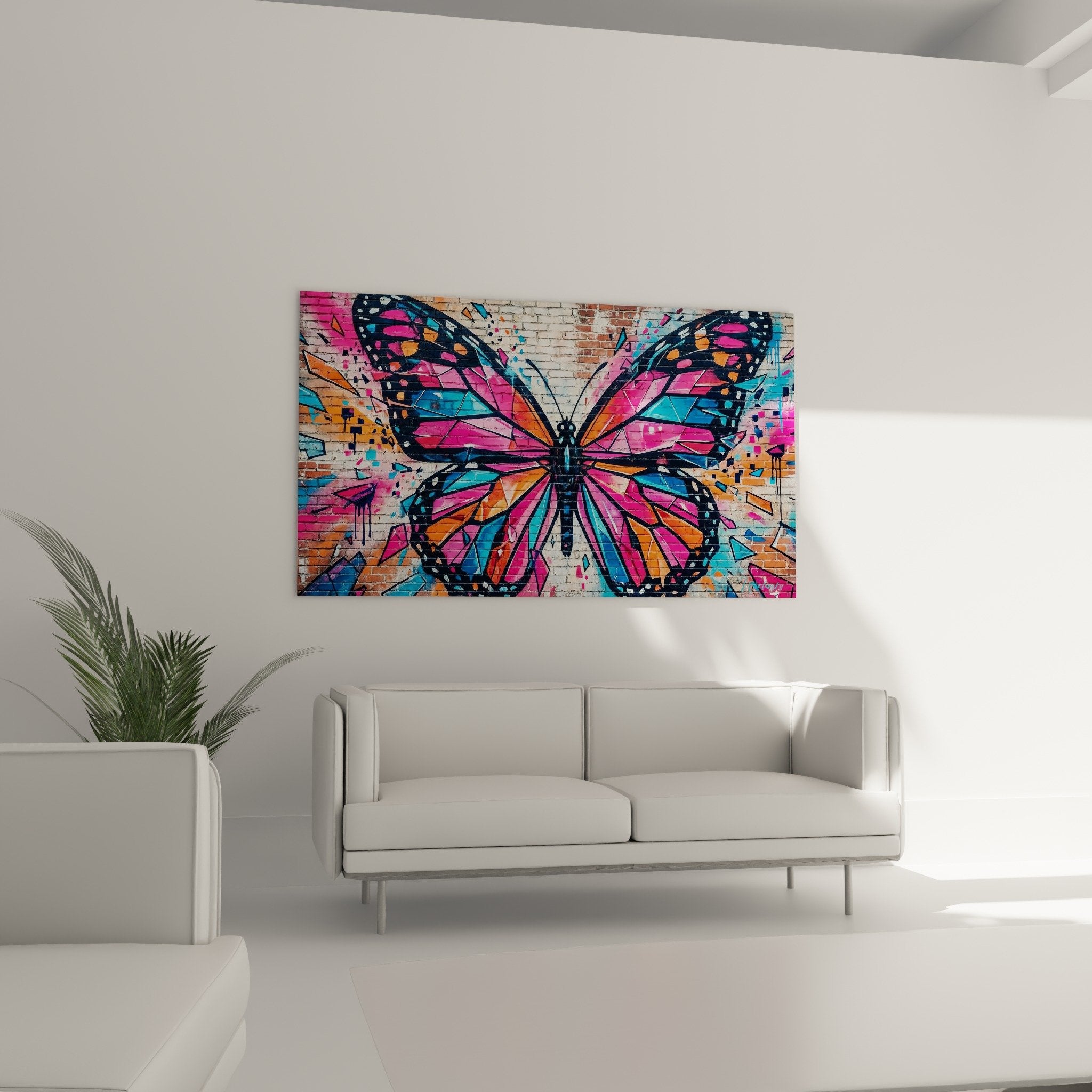 Detail Schmetterlingsflügel Street Art in Fuchsia-, Blau- und Orangetönen mit Backsteinmauer-Textur und Farbverlauf