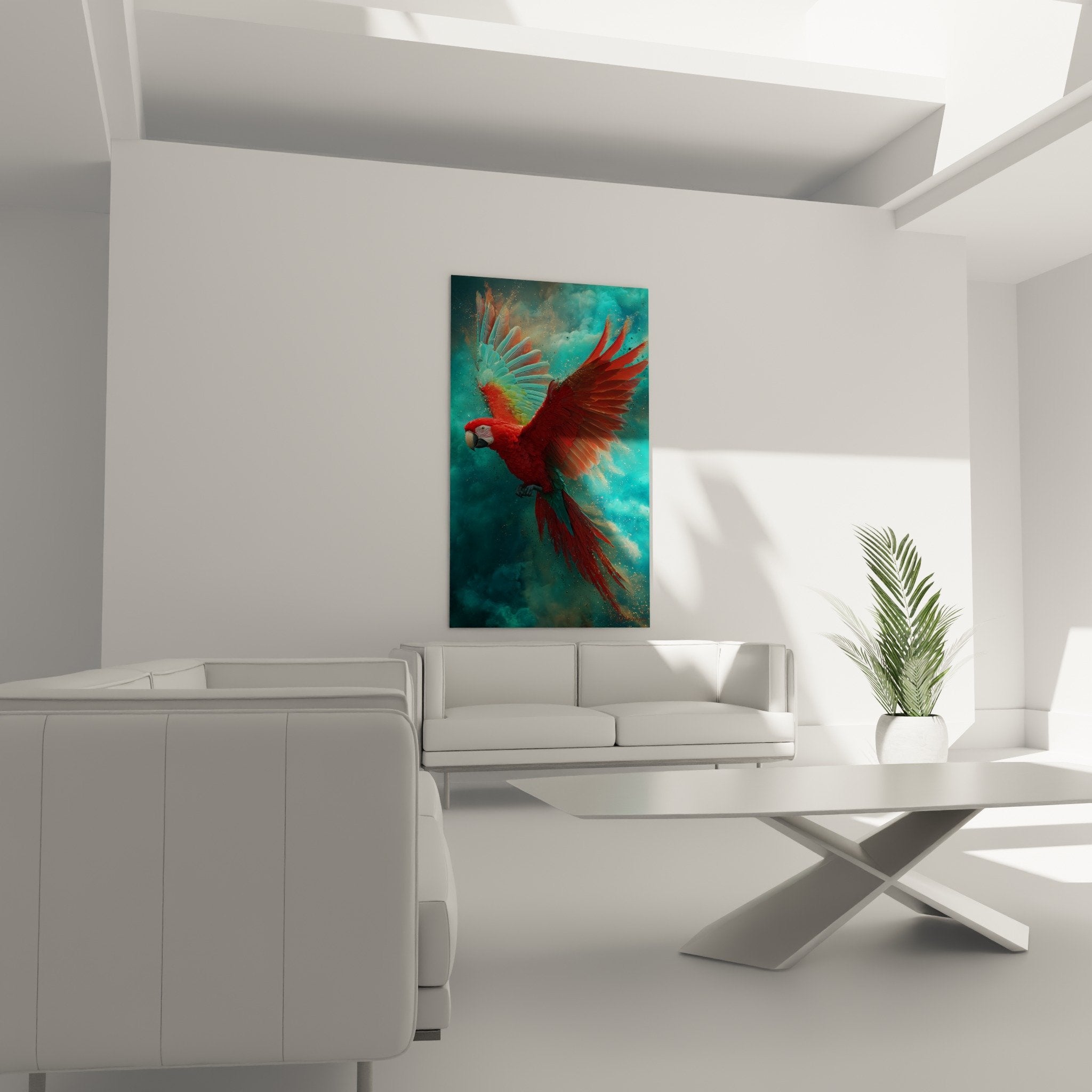 Detail red parrot wings colorful plumage artistic texture scarlet and gold tones