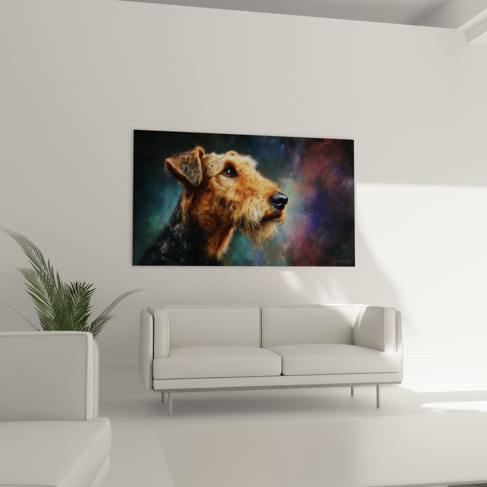 Détail portrait Airedale Terrier pelage fauve doré textures poil réalistes œil expressif sombre