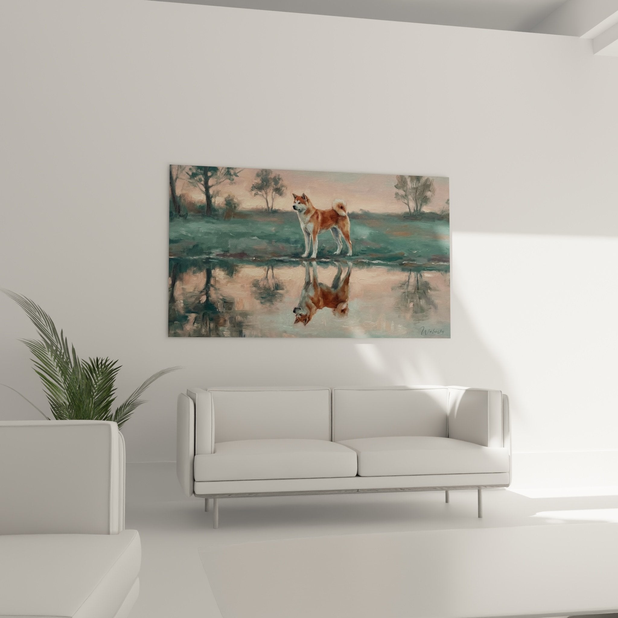 Akita Inu painting detail contemplating reflection in water, expressive painting technique, soft morning light