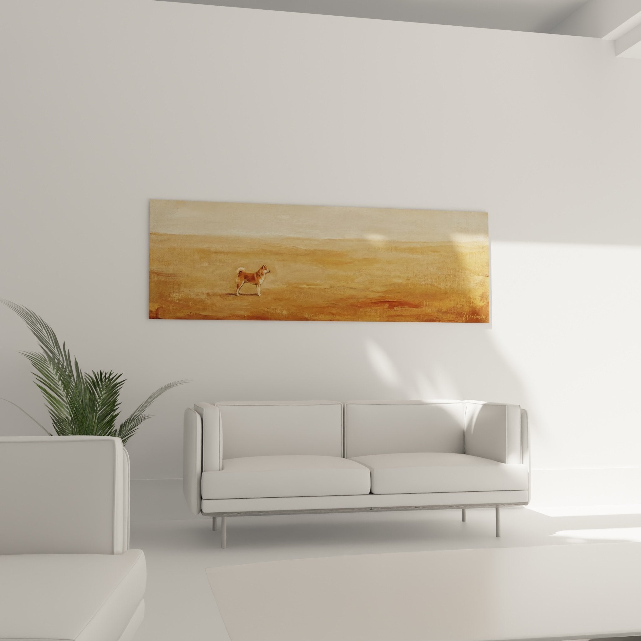 Detail tableau akita inu profil paysage desertique textures ocre beige nuances dorees peinture artistique