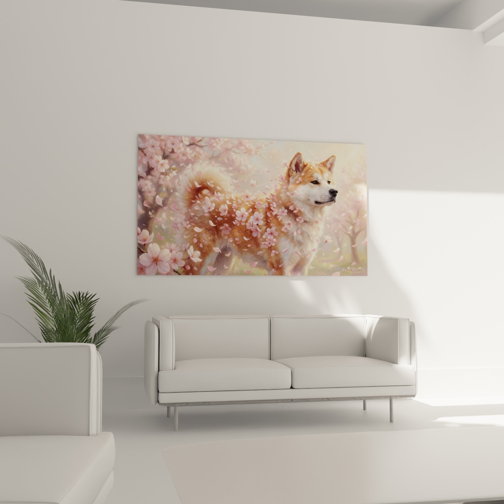Détail tableau Akita Inu pelage fauve pétales roses cerisier texture réaliste peinture animalière japonisante