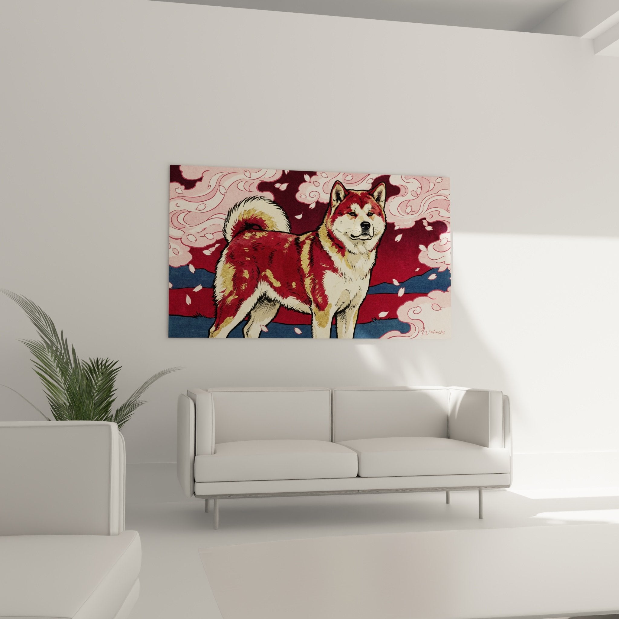 Red and white Akita Inu painting detail golden coat pink cherry blossom petals artistic texture dog portrait