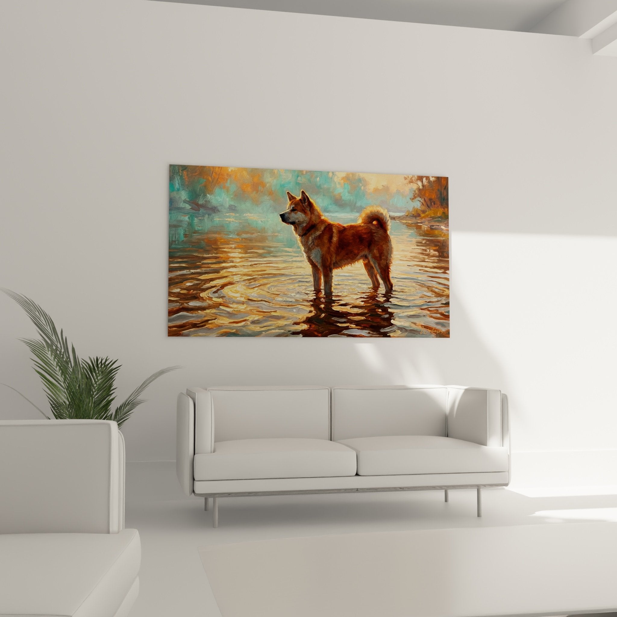 Gros plan peinture Akita Inu roux pelage cuivre reflets eau technique picturale details