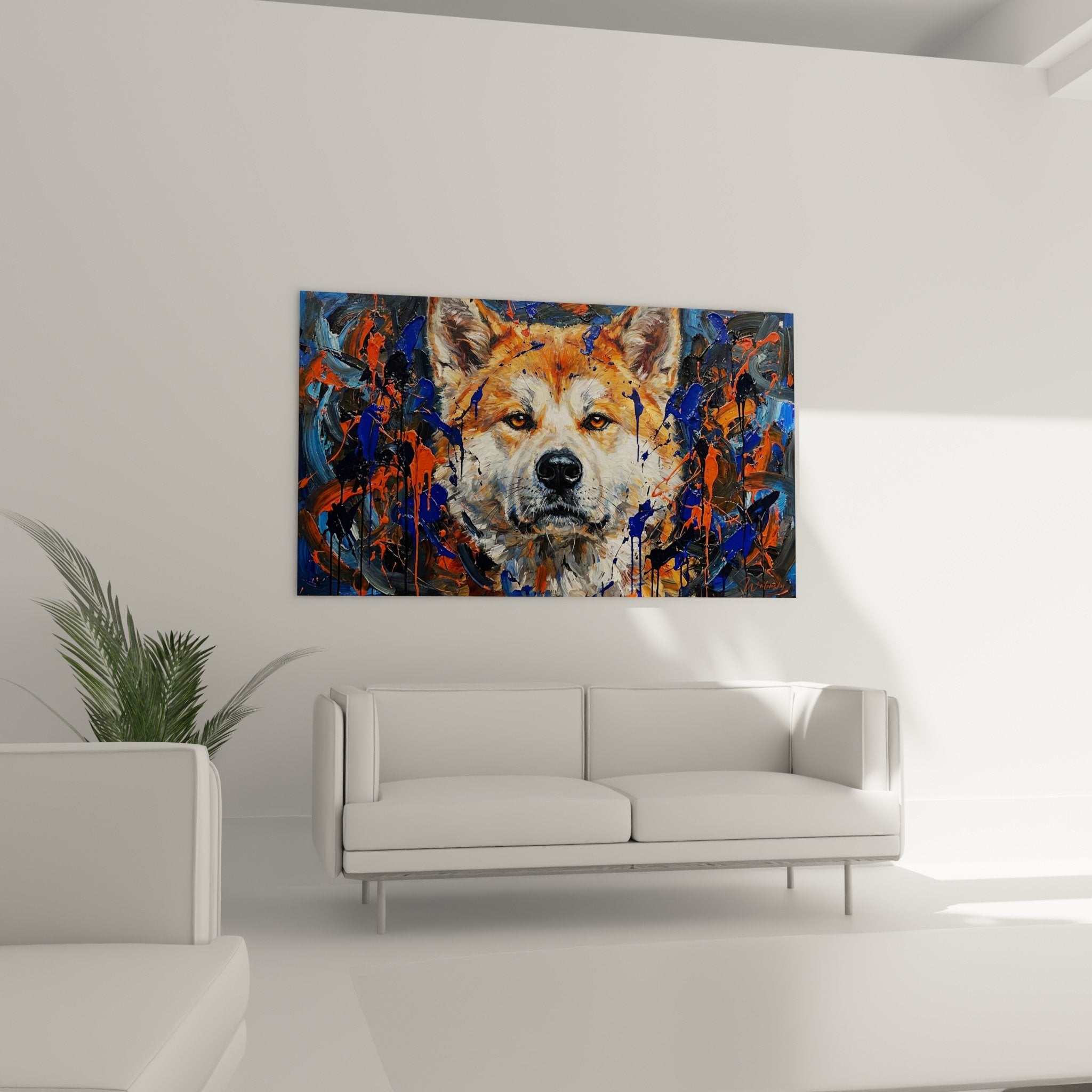 Détail tableau Akita Inu yeux dorés perçants pelage roux textures peinture expressionniste art contemporain