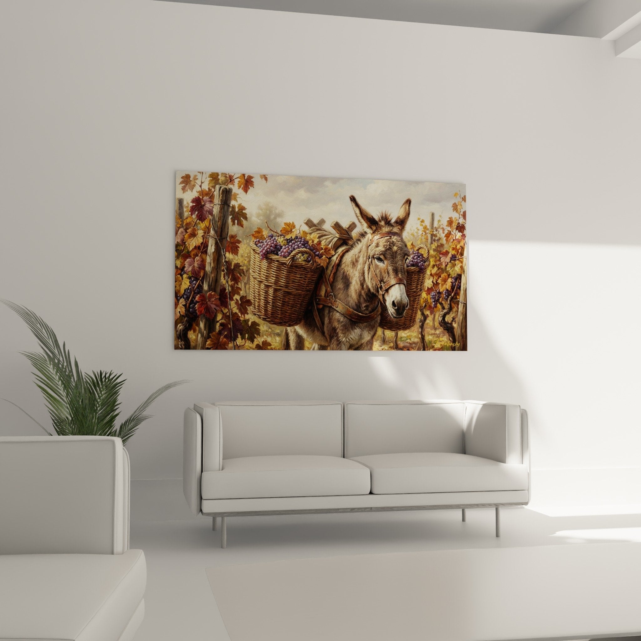 Detail von Esel und violetten Traubenbündeln, hyperrealistisches Rendering, herbstliche Weinblätter