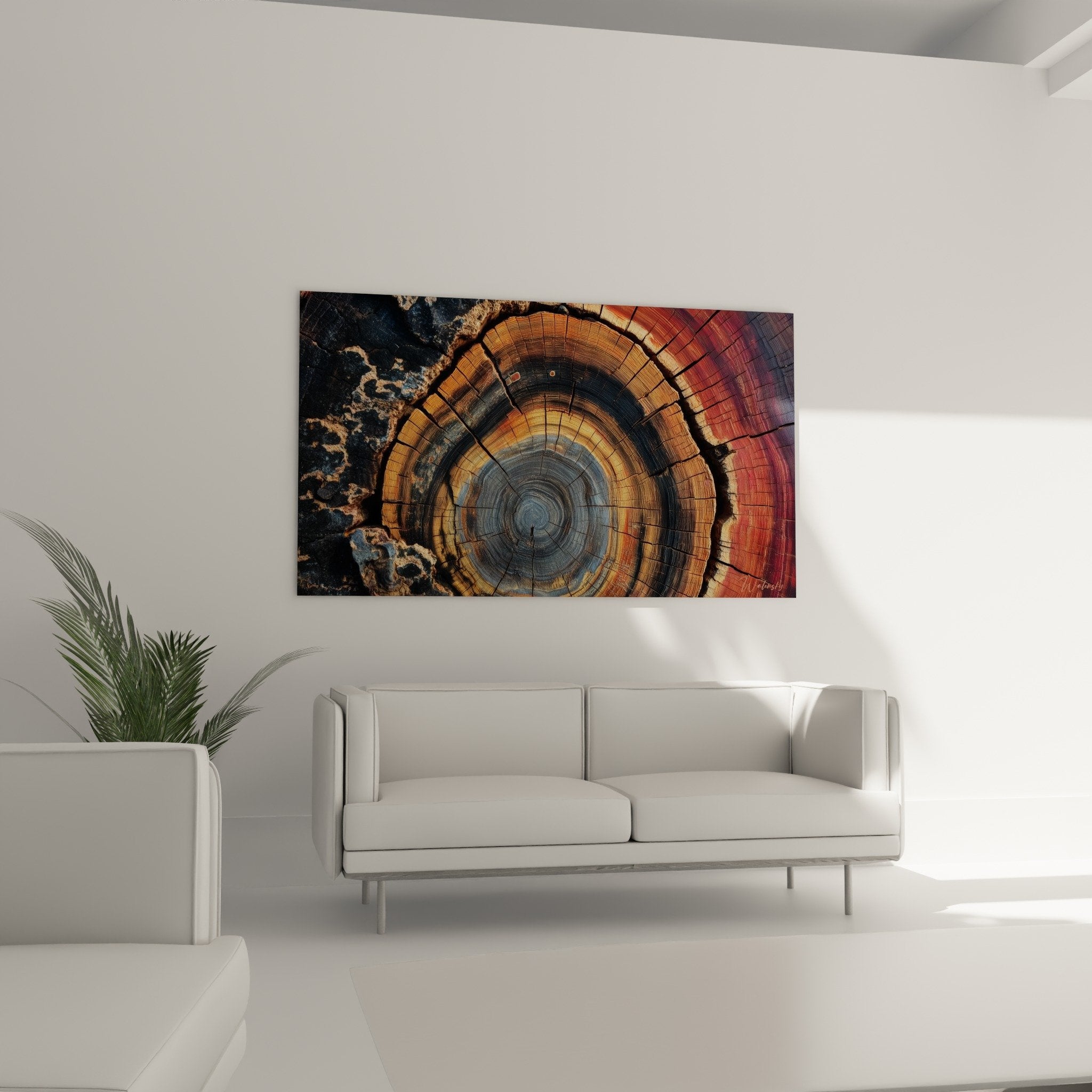 Nahaufnahme Wachstumsringe Holz Farben Orange Blau natürliche Textur Kreise Feng Shui Holzdetail