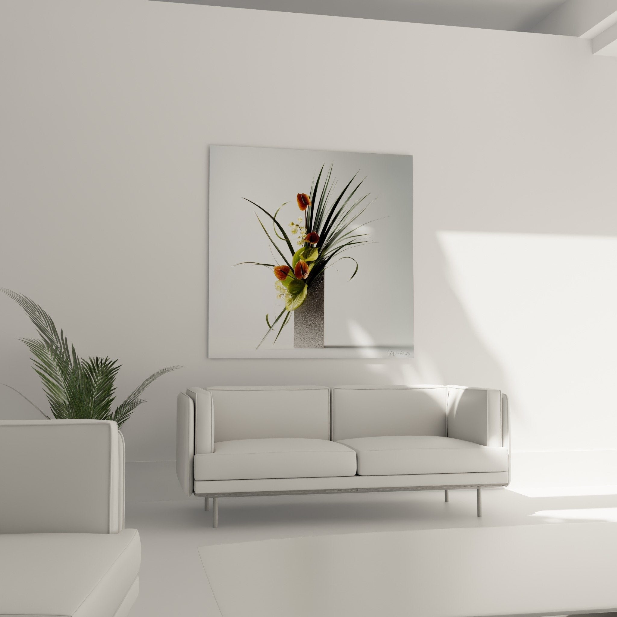 Detail of orange anthuriums and white orchids Japanese ikebana floral arrangement textured black vase