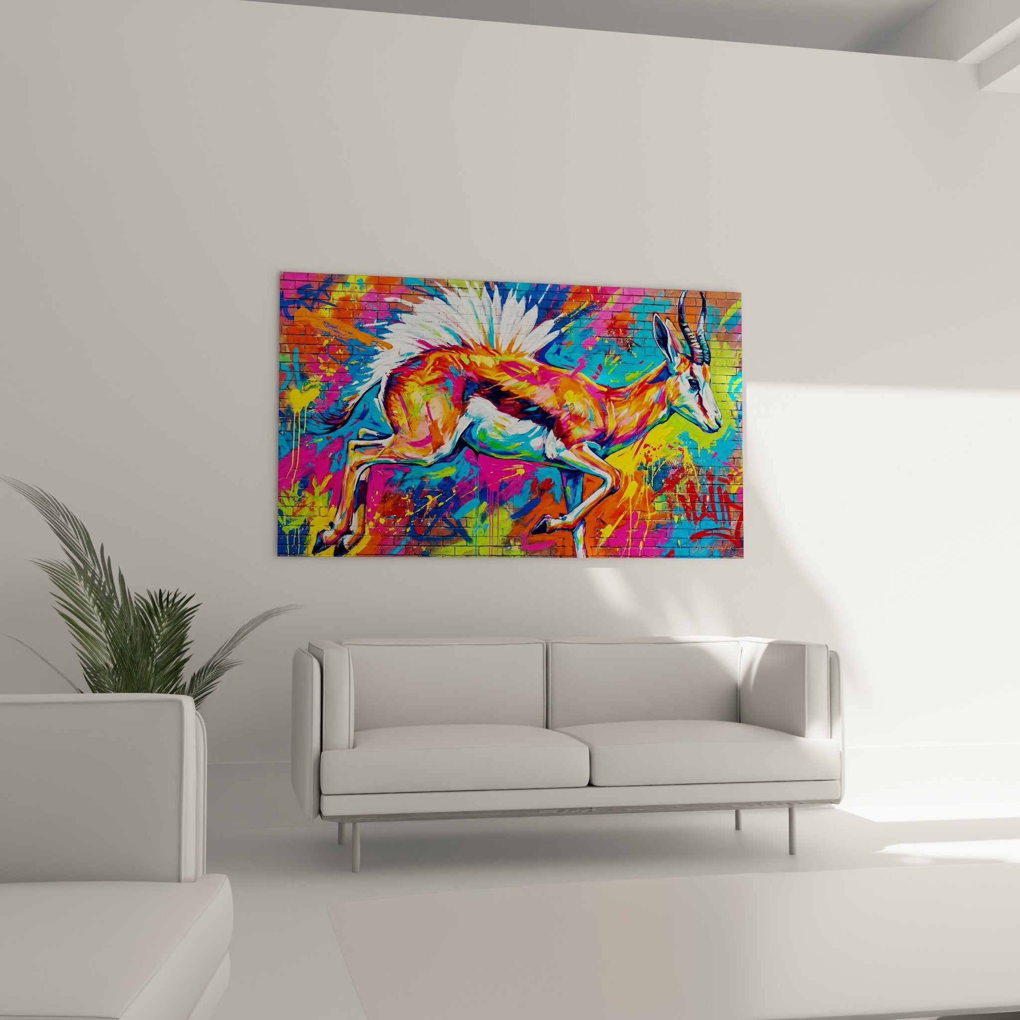 Nahaufnahme bunte Antilope orange rosa blau Mischtechnik Malerei Spritzer