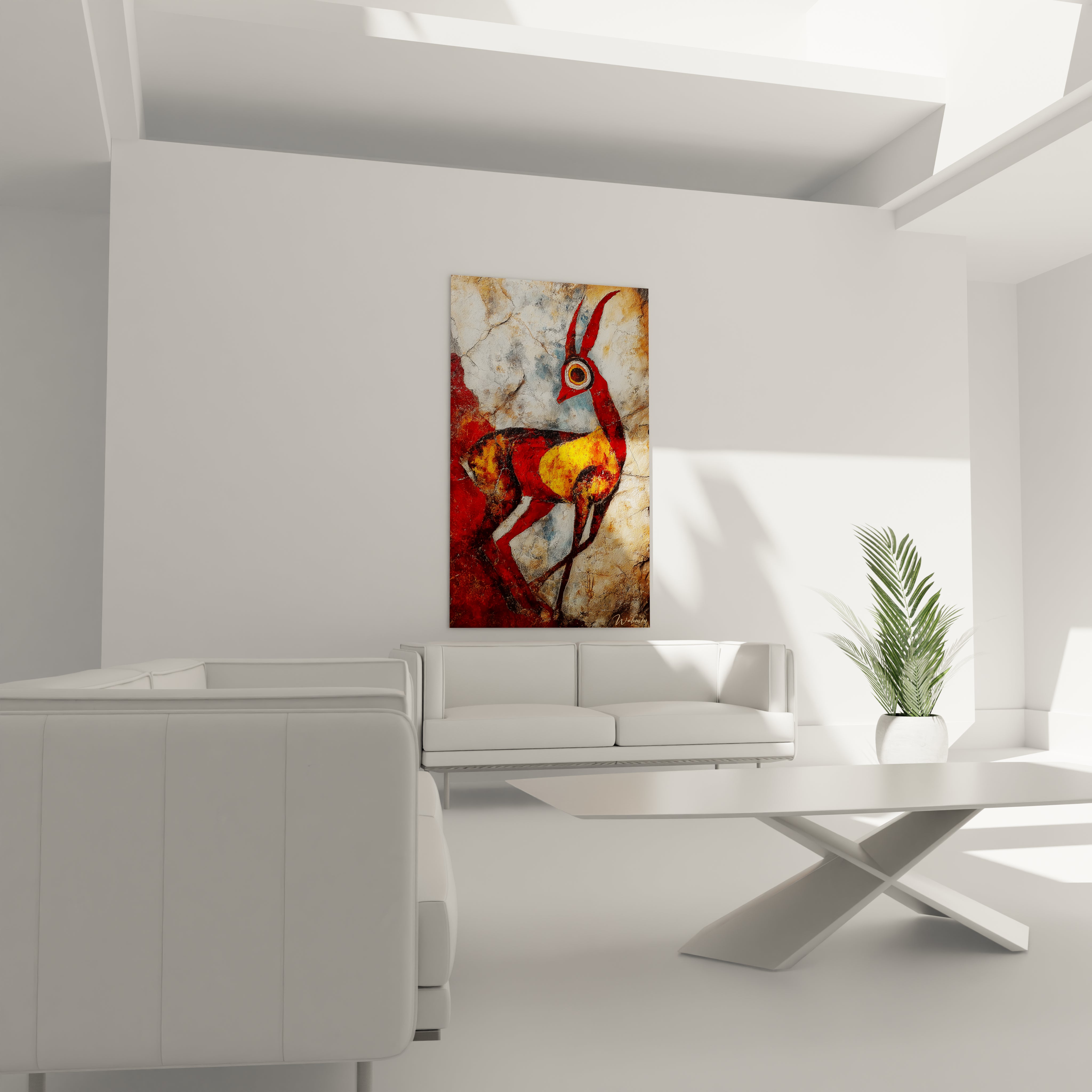 Détail gros plan antilope rouge aux couleurs ocres, texture craquelée style fresques préhistoriques