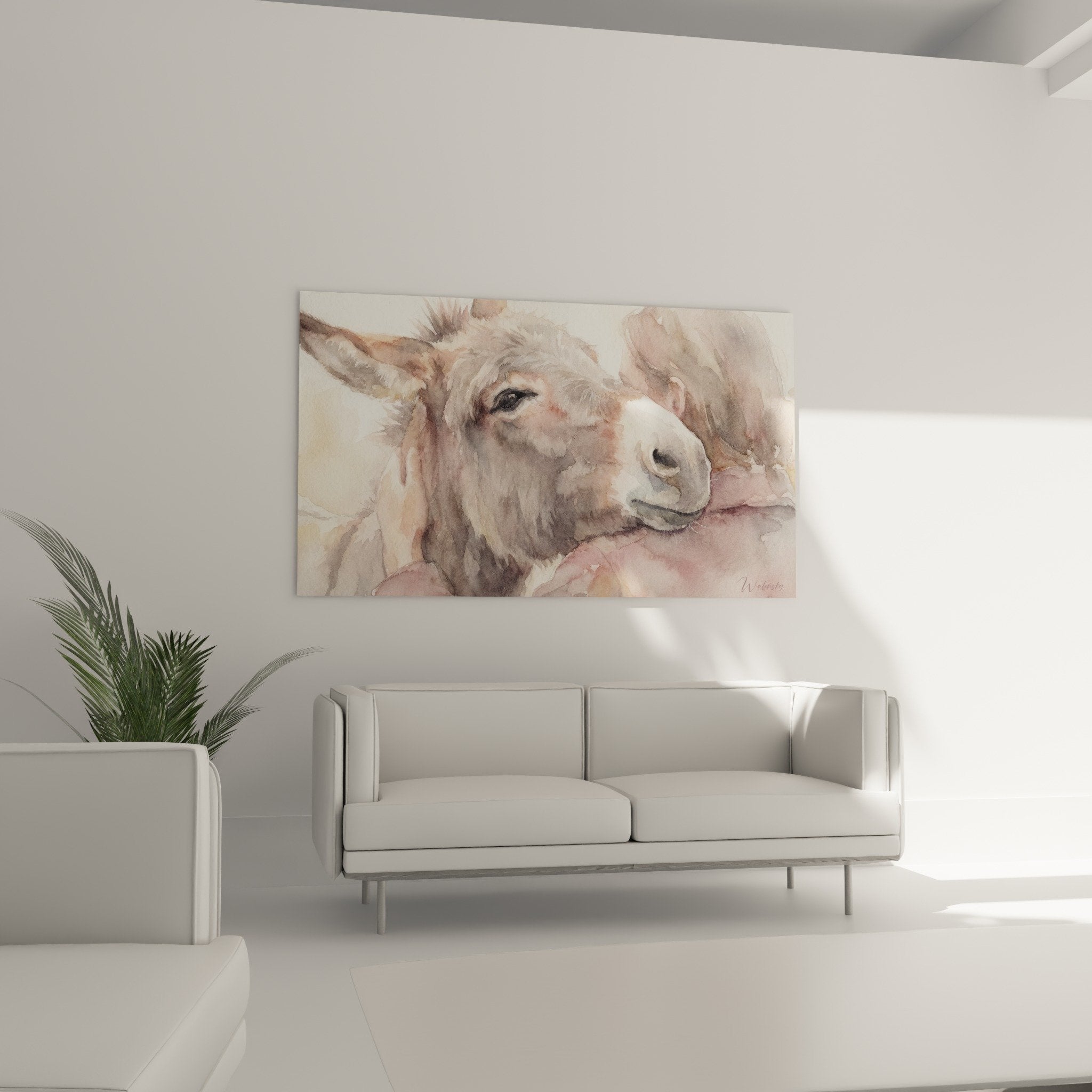 Aquarell-Eseldetail, transparente Technik in Rosabeige, ausdrucksstarkes Auge und Fellstruktur