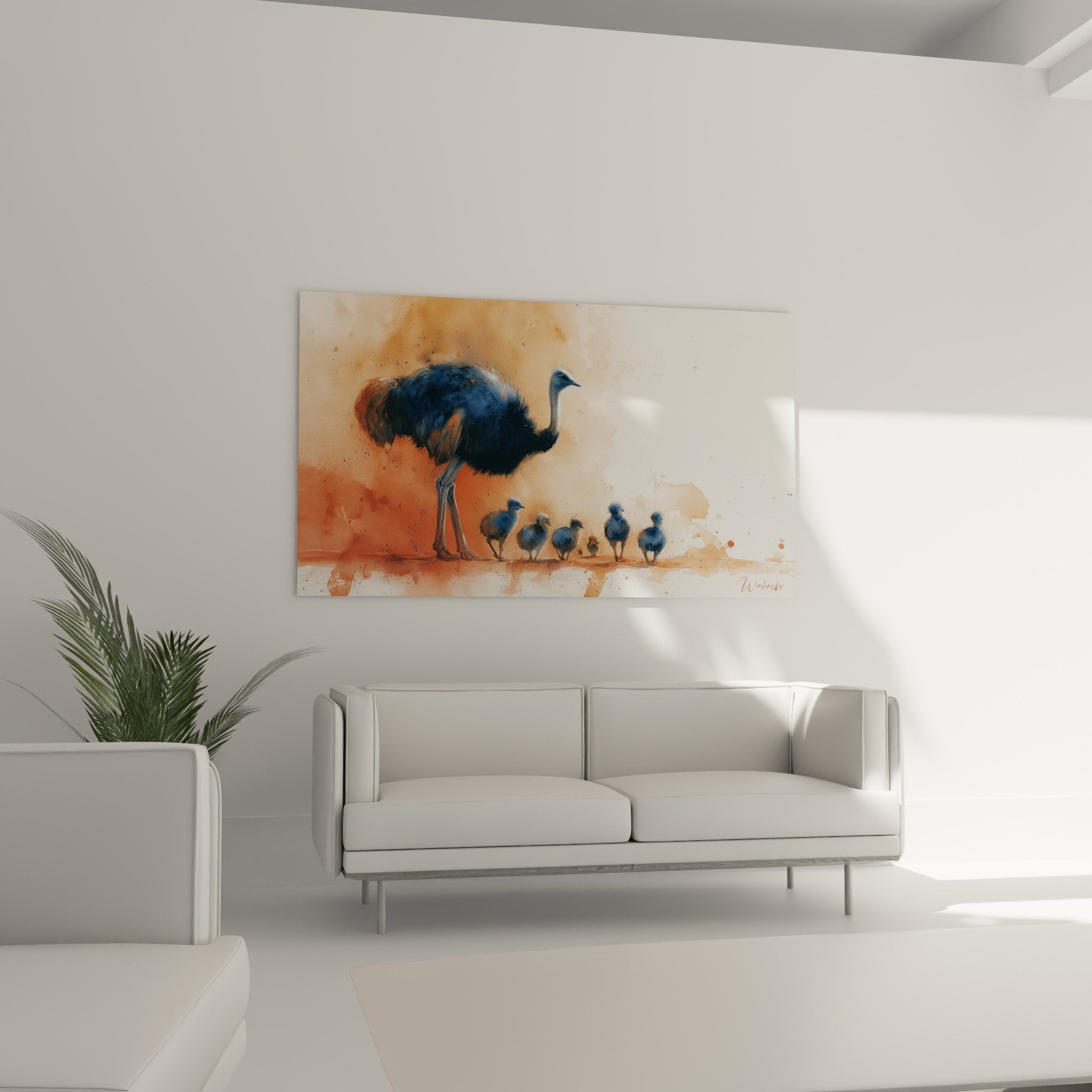 Détail aquarelle autruche poussins bleu gris éclaboussures peinture technique artistique
