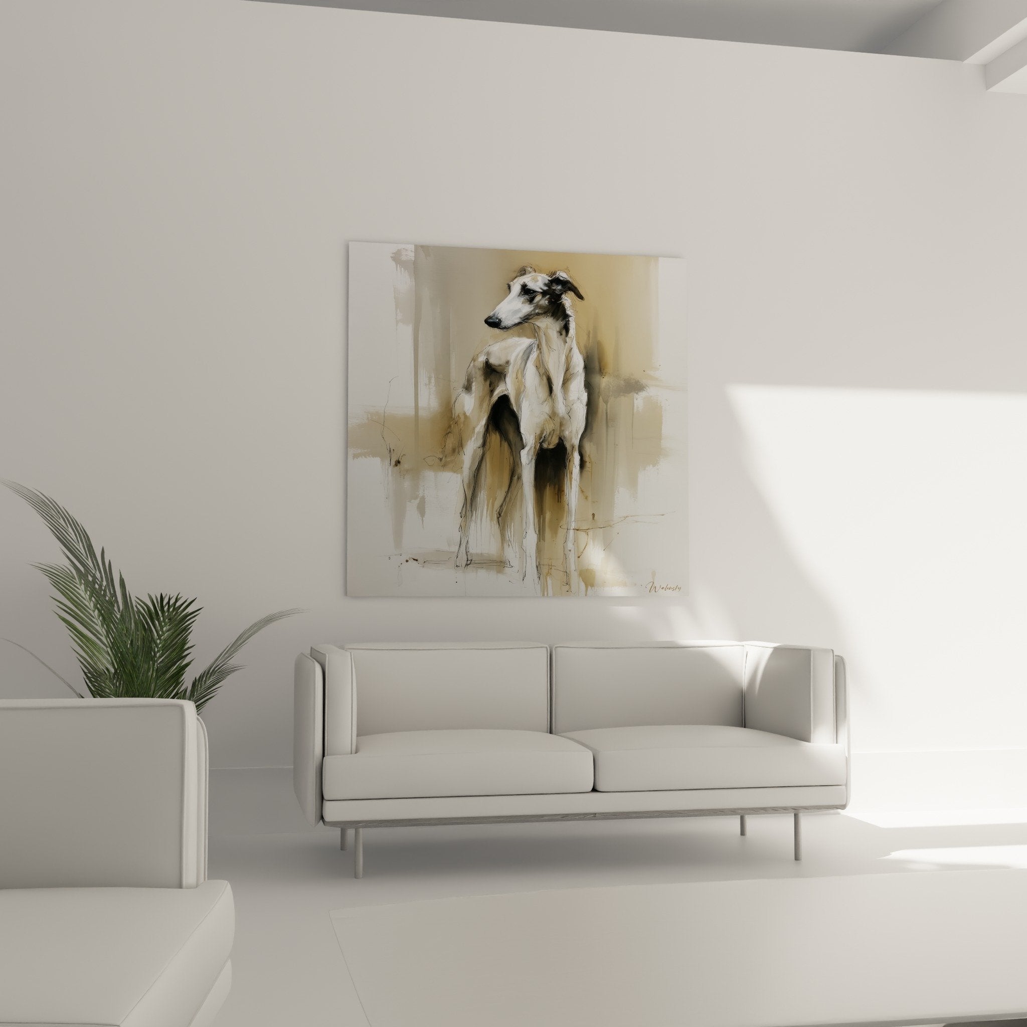 Détail portrait Barzoi aquarelle, technique picturale fluide, nuances beiges et traits de crayon délicats