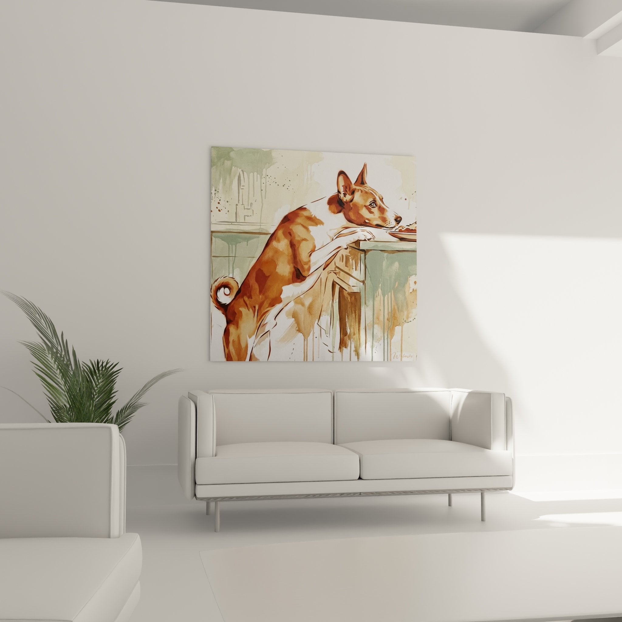 Détail aquarelle portrait Basenji pelage roux cuivré technique artistique coulures vertes