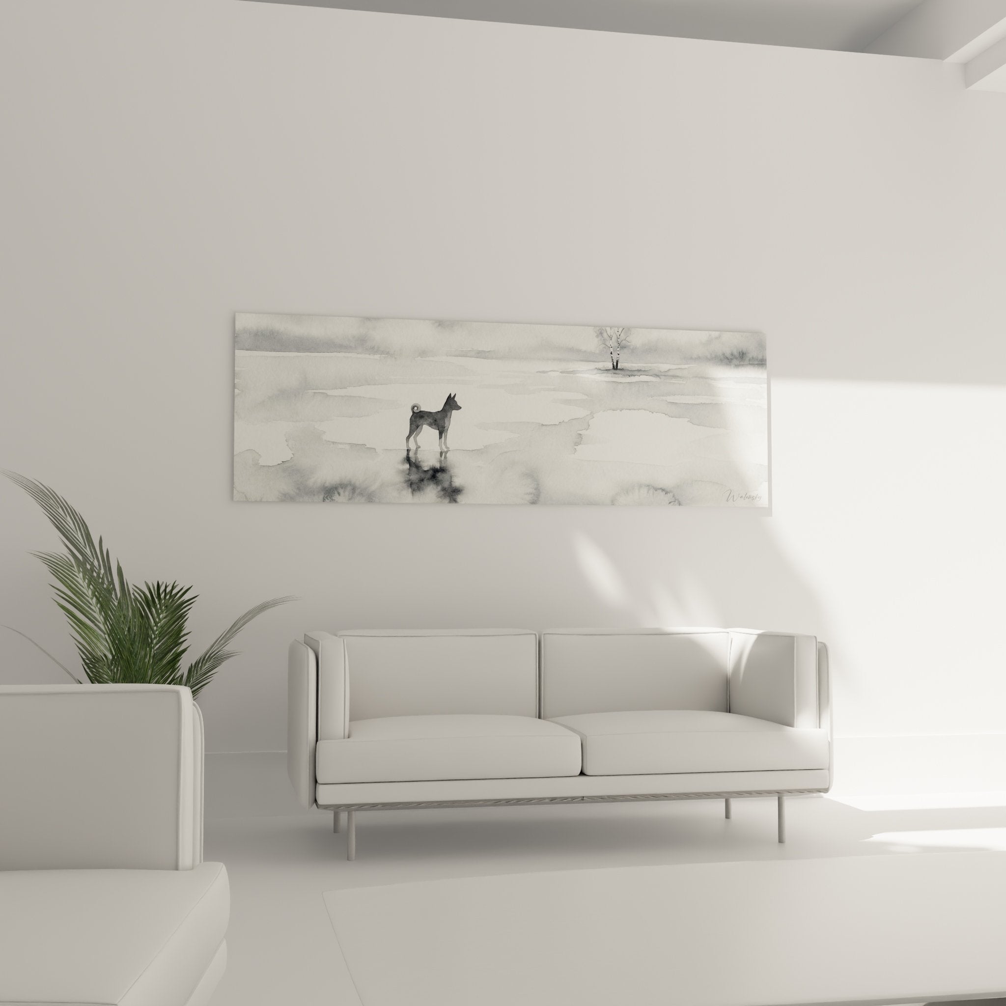 Détail aquarelle Basenji silhouette noire glace reflets nuances gris technique peinture